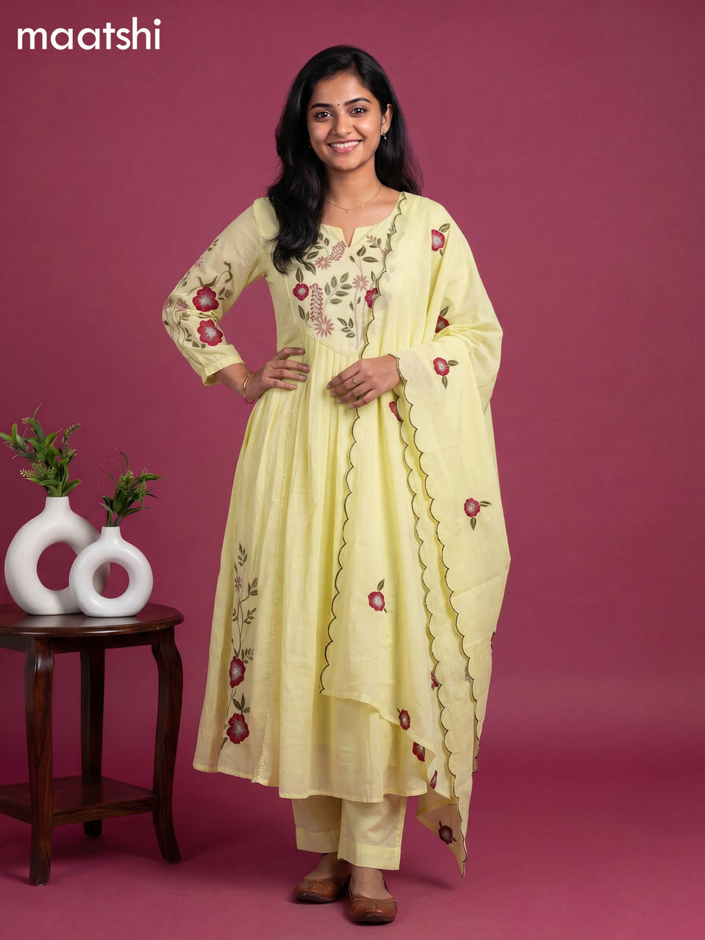 Fluorescent Green Cotton Floral Embroidery Work Anarkali Suit