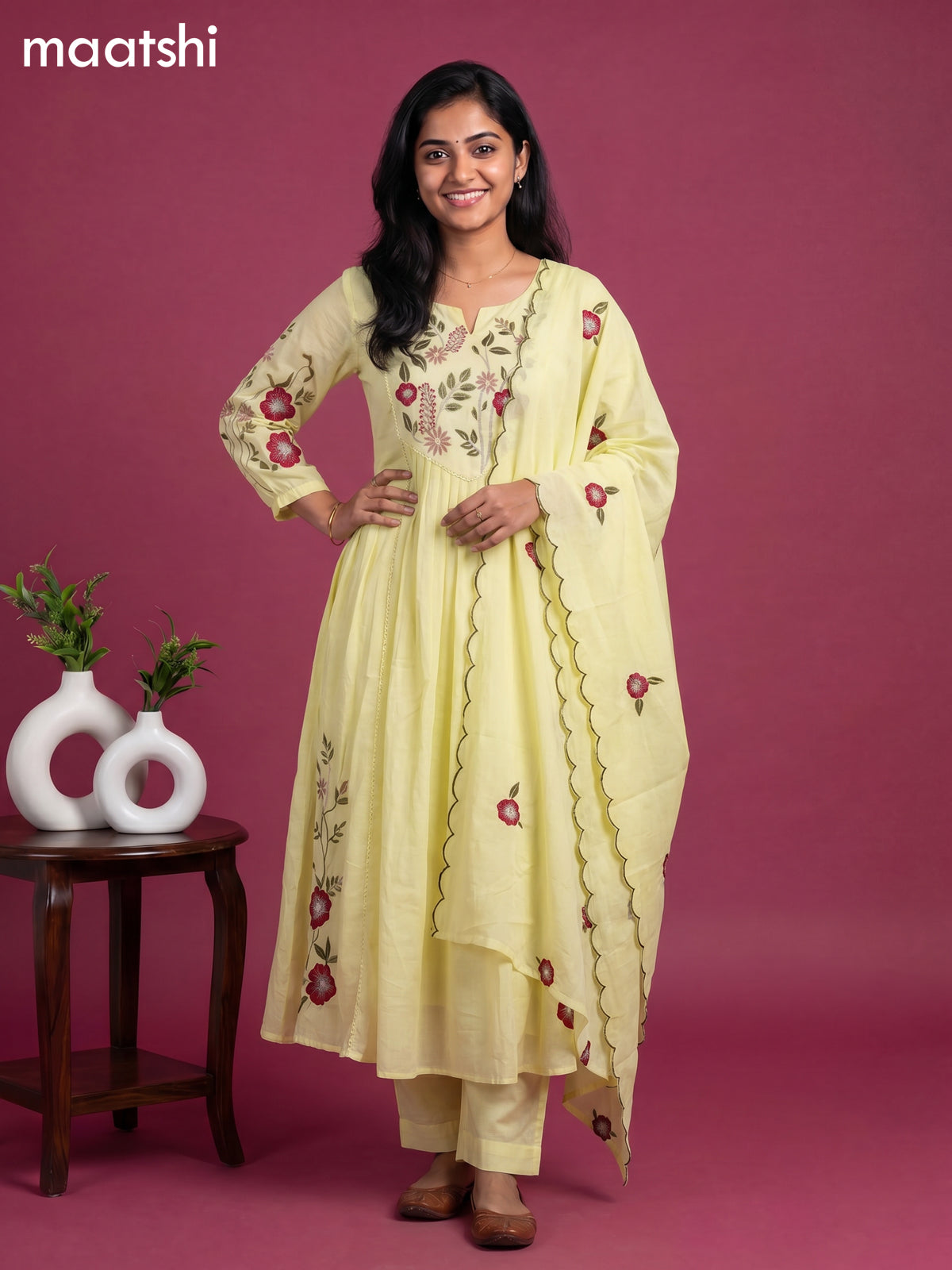 Fluorescent Green Cotton Floral Embroidery Work Anarkali Suit
