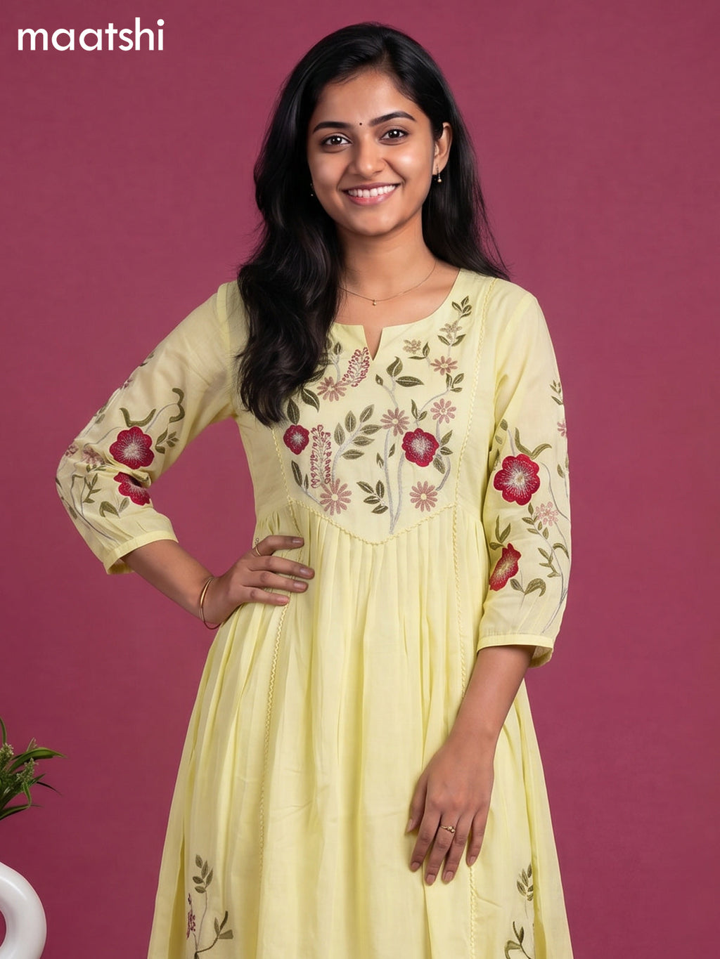 Fluorescent Green Cotton Floral Embroidery Work Anarkali Suit