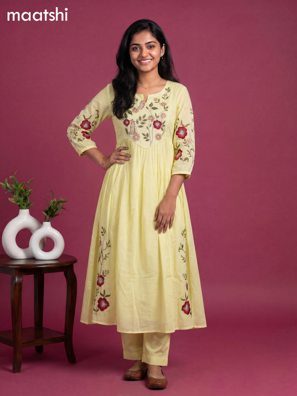 Fluorescent Green Cotton Floral Embroidery Work Anarkali Suit