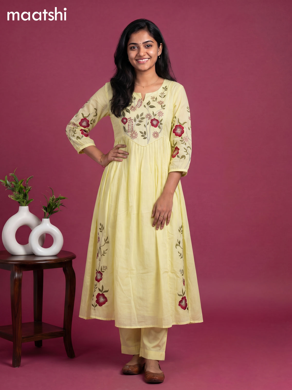 Fluorescent Green Cotton Floral Embroidery Work Anarkali Suit