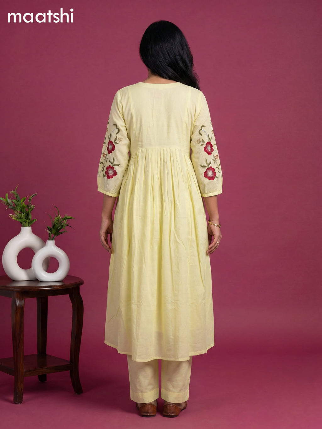 Fluorescent Green Cotton Floral Embroidery Work Anarkali Suit