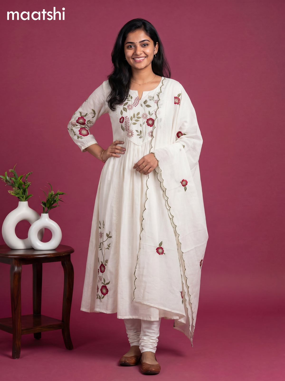 Off White Cotton Floral Embroidery Work Anarkali Suit