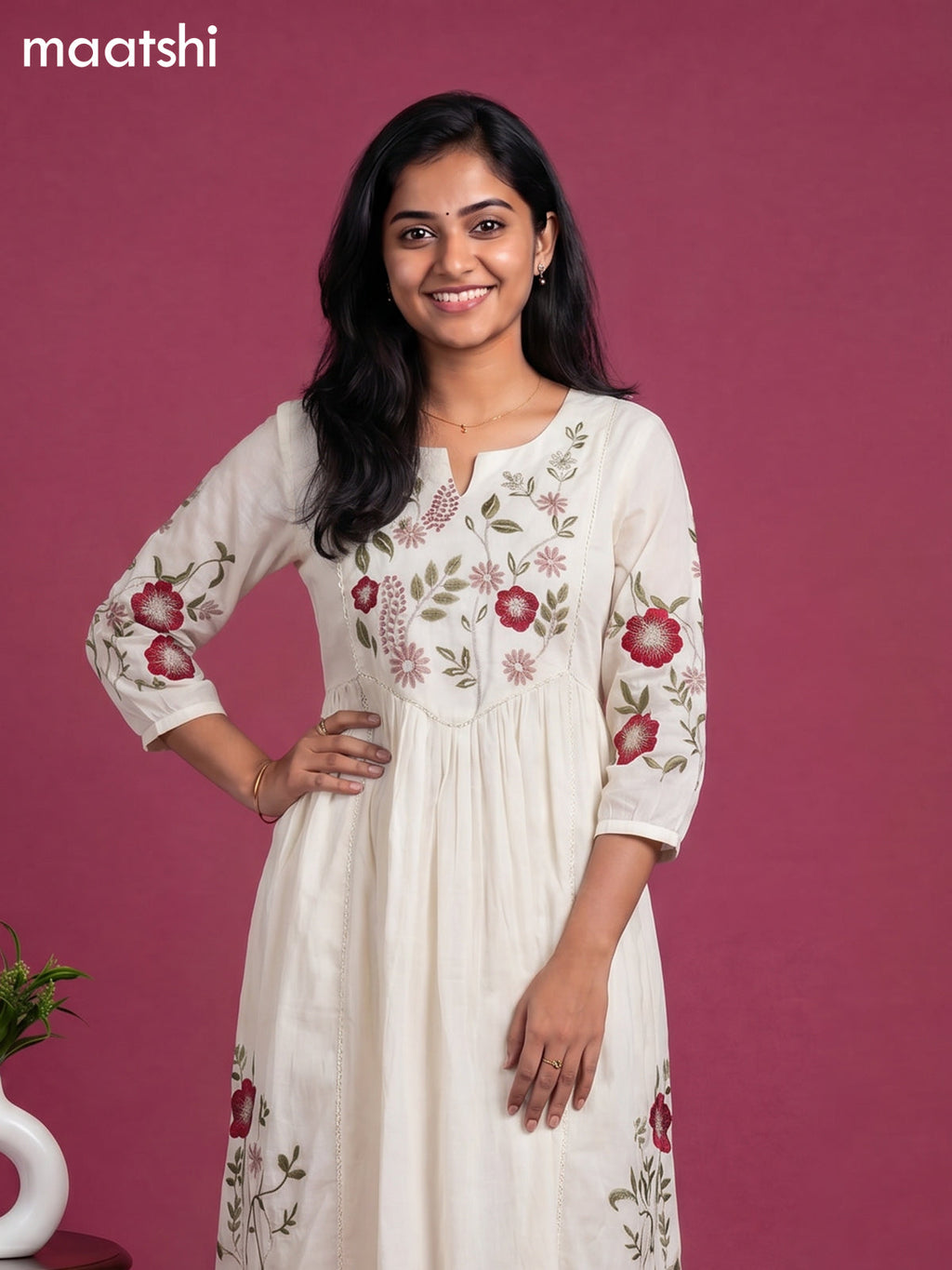 Off White Cotton Floral Embroidery Work Anarkali Suit