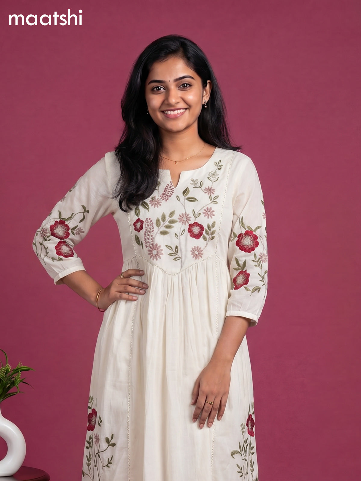 Off White Cotton Floral Embroidery Work Anarkali Suit