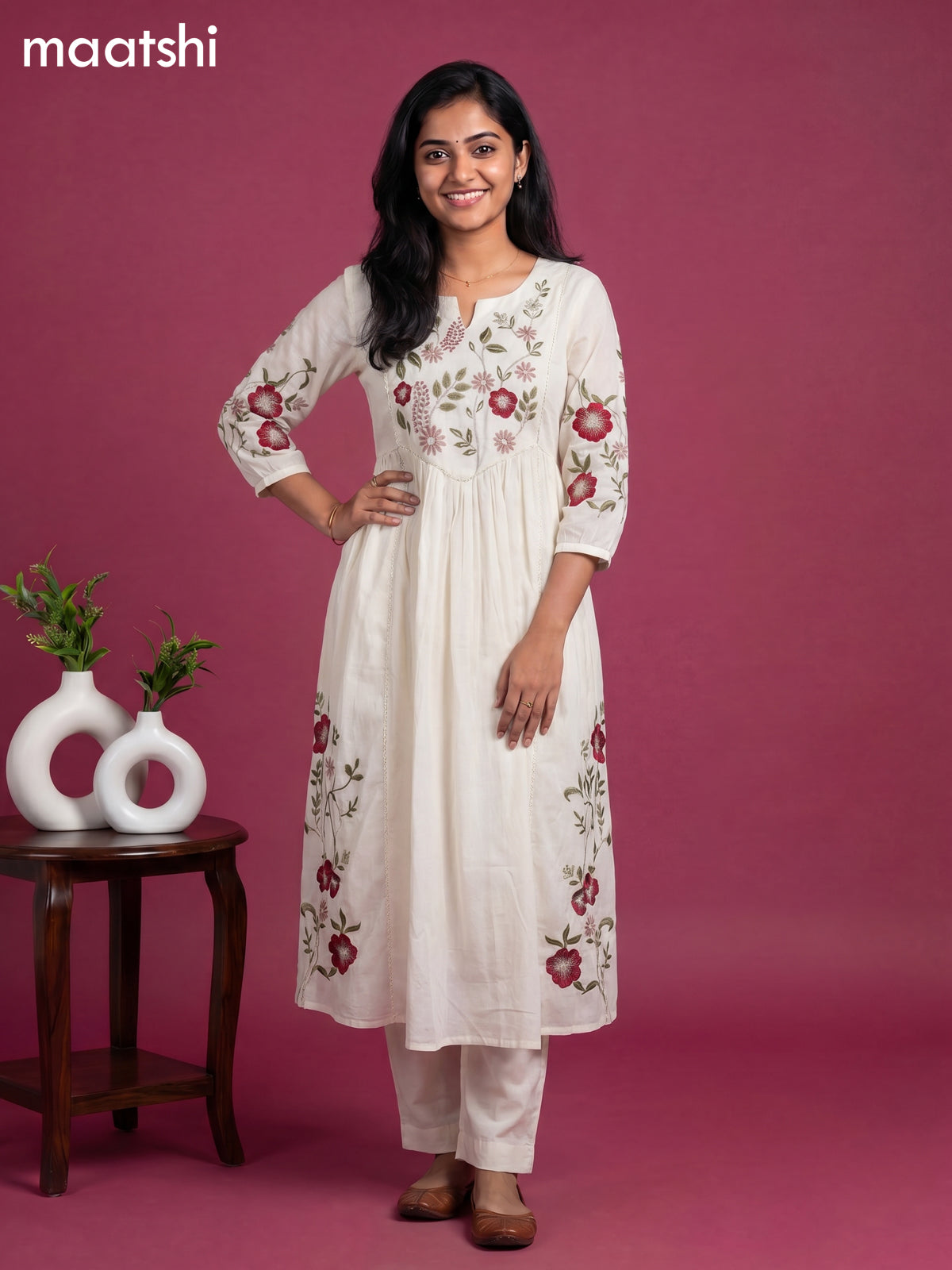 Off White Cotton Floral Embroidery Work Anarkali Suit
