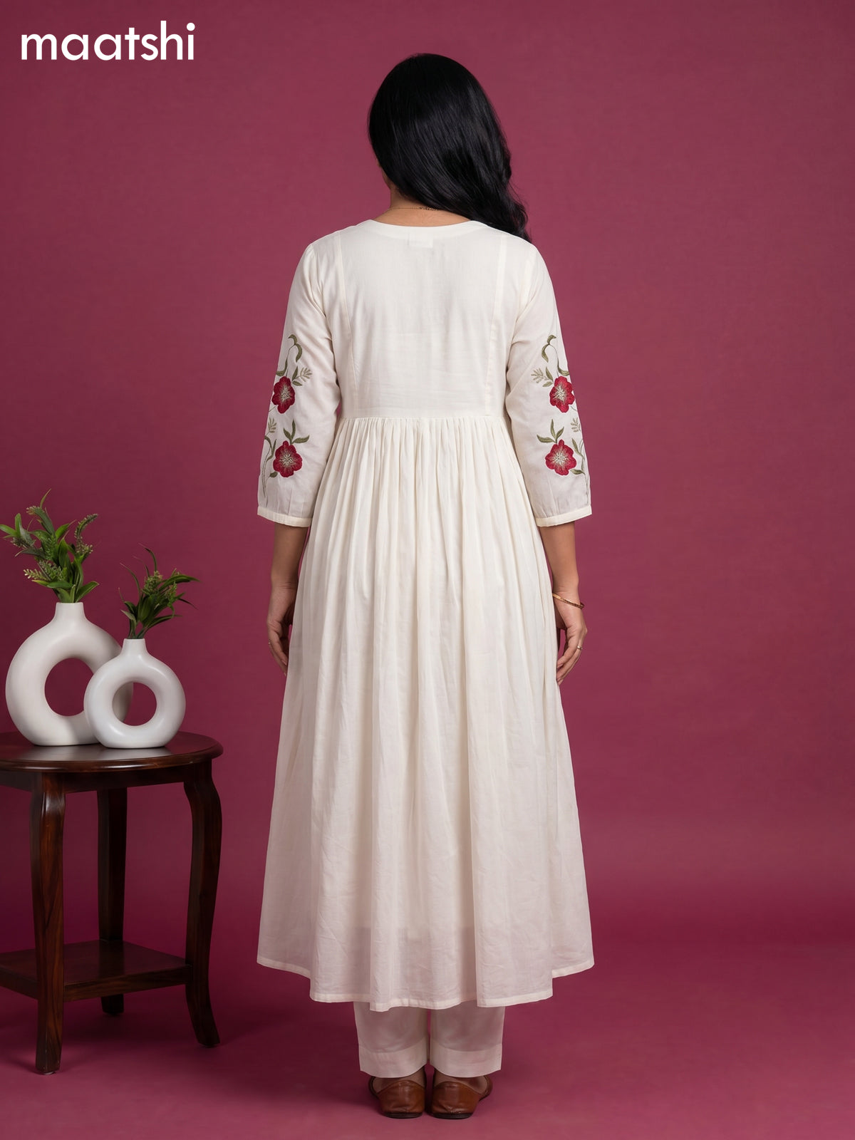 Off White Cotton Floral Embroidery Work Anarkali Suit
