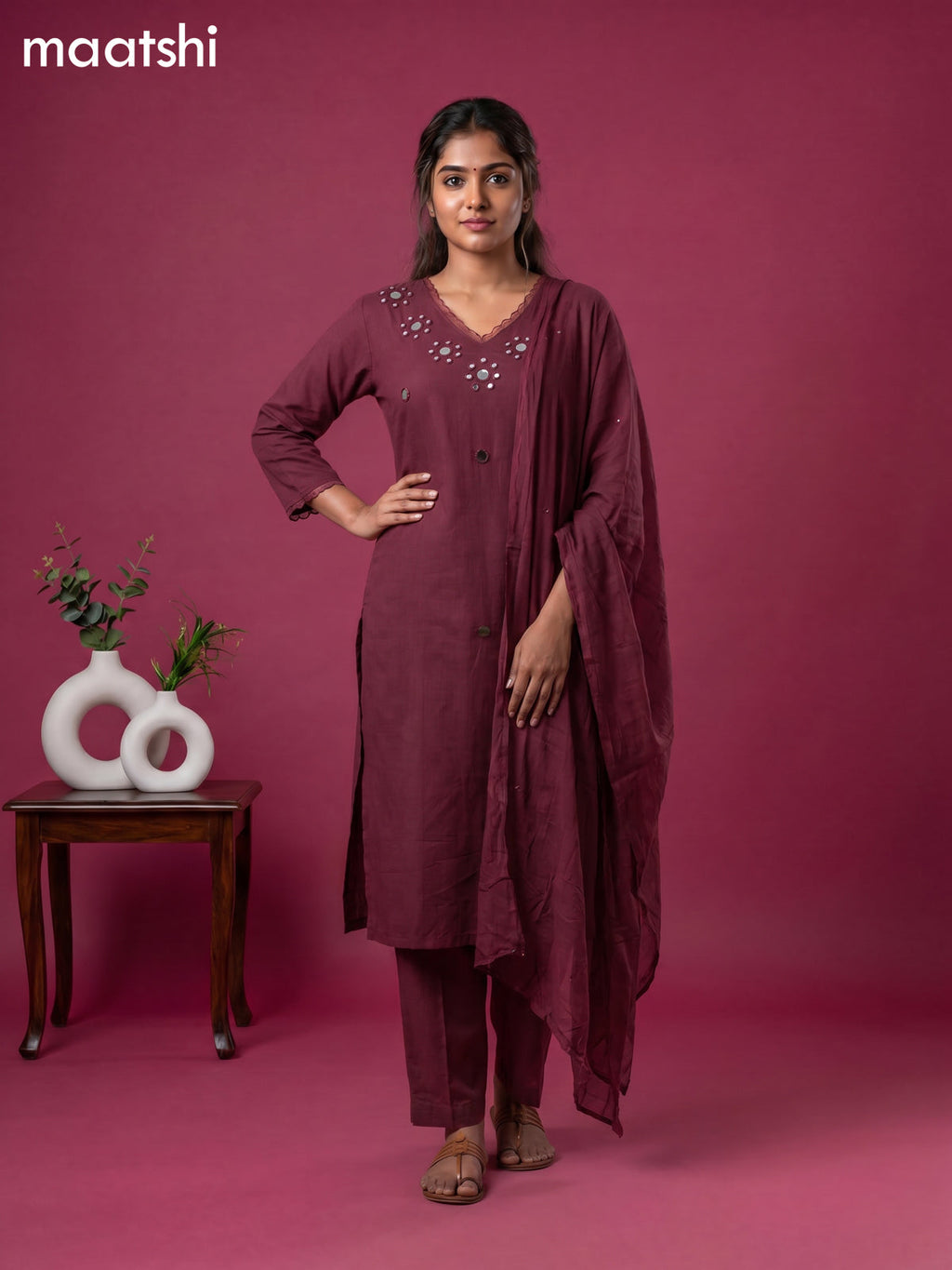 Purple Cotton Mirror Work Neck Pattern Straight Suit