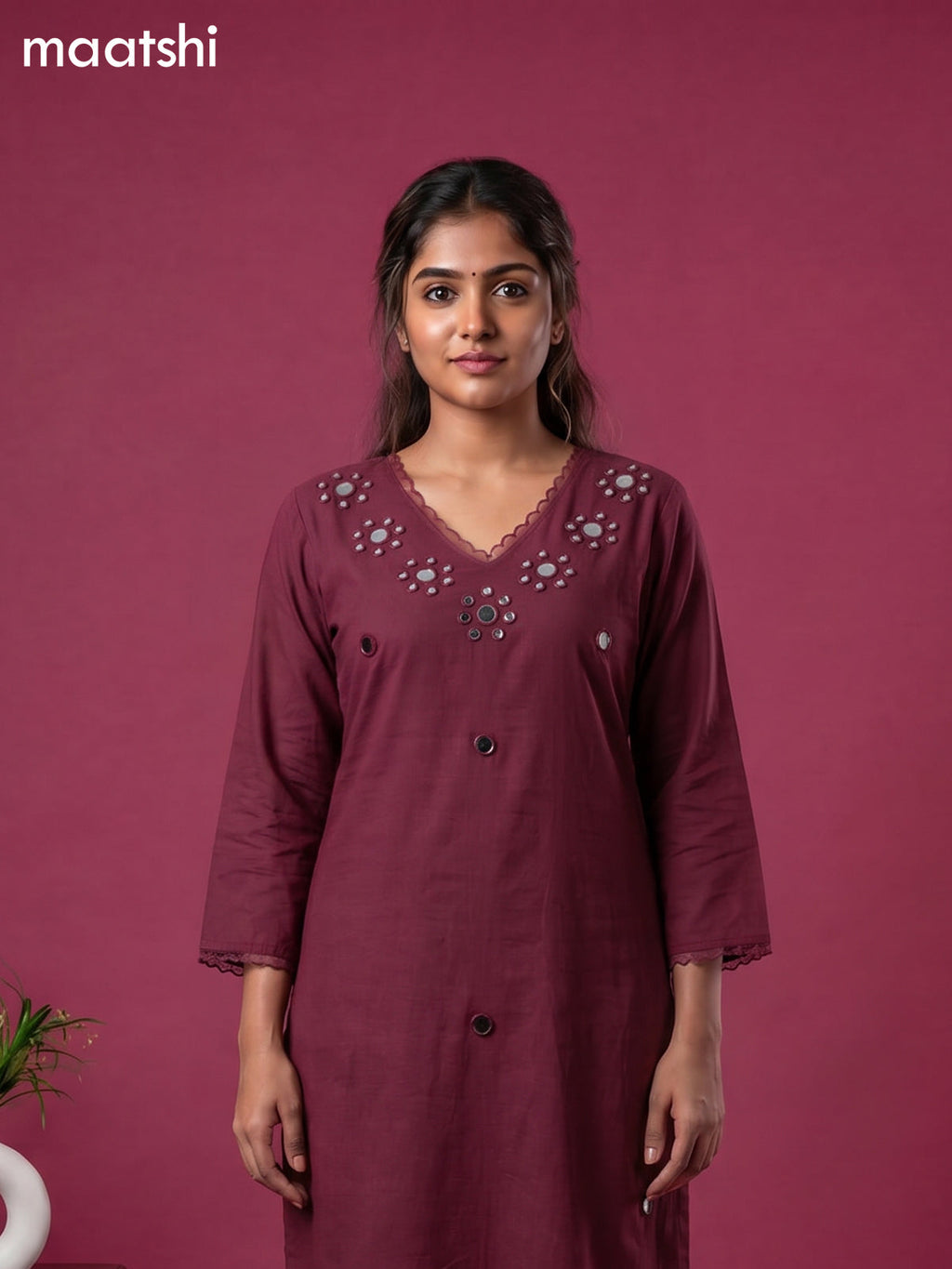 Purple Cotton Mirror Work Neck Pattern Straight Suit