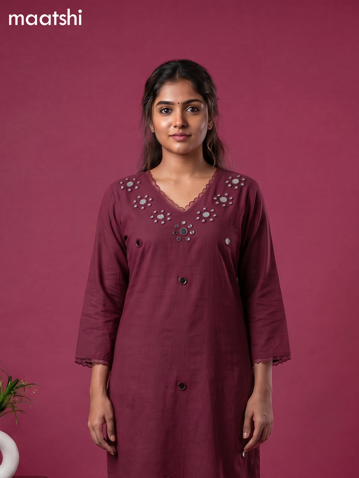 Purple Cotton Mirror Work Neck Pattern Straight Suit