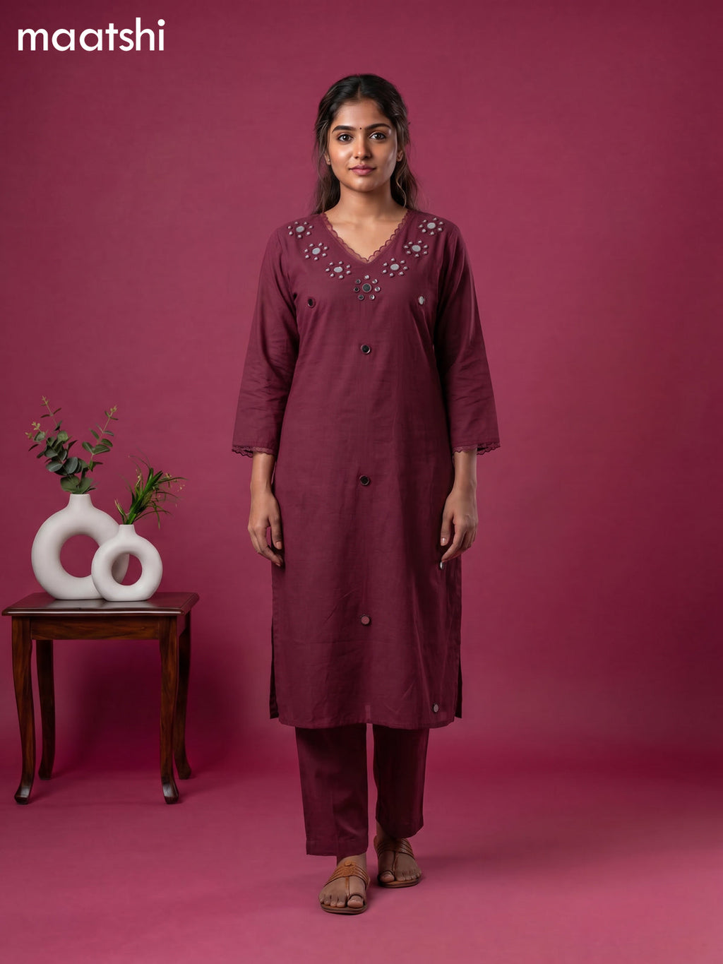 Purple Cotton Mirror Work Neck Pattern Straight Suit