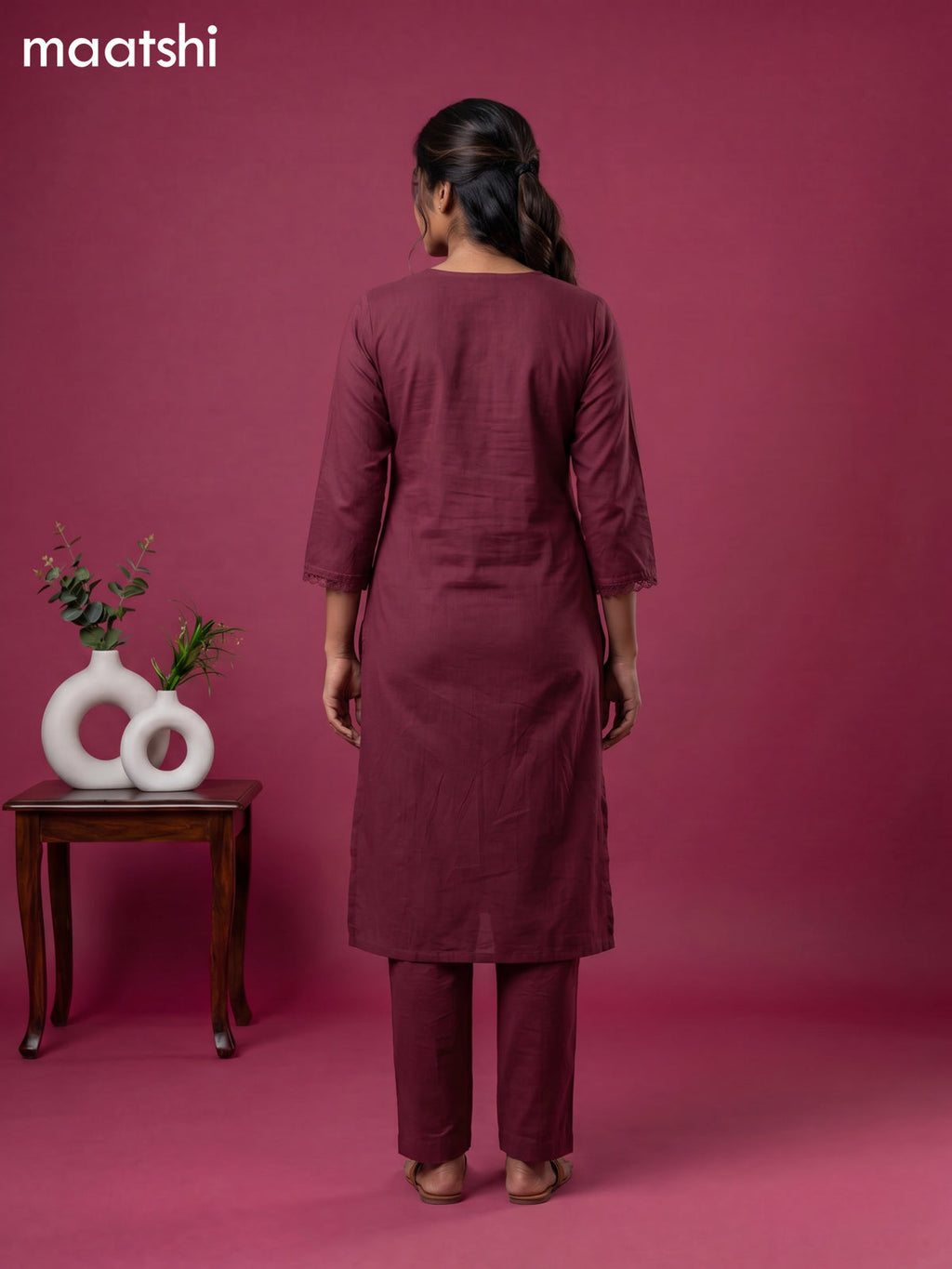 Purple Cotton Mirror Work Neck Pattern Straight Suit