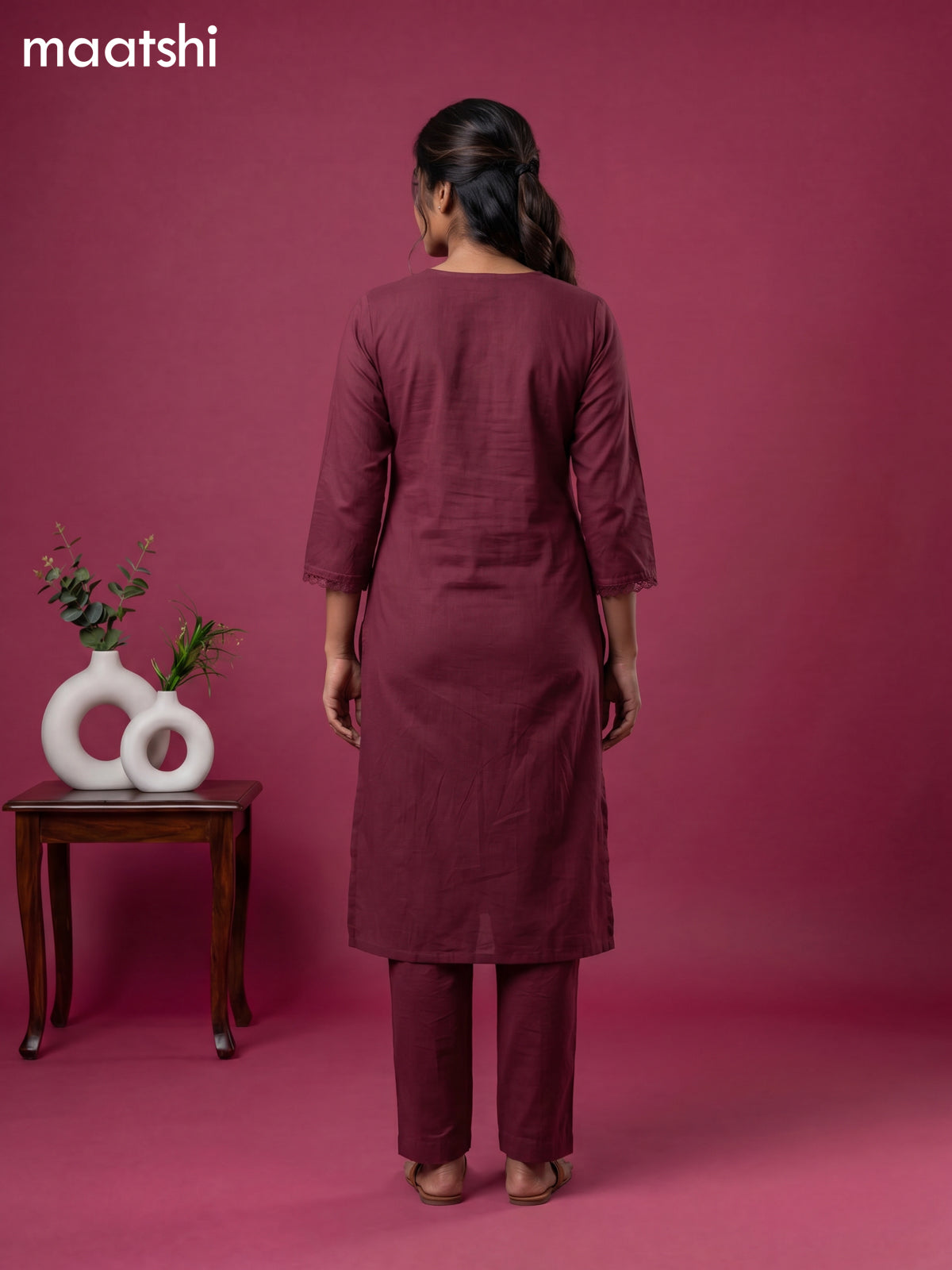 Purple Cotton Mirror Work Neck Pattern Straight Suit
