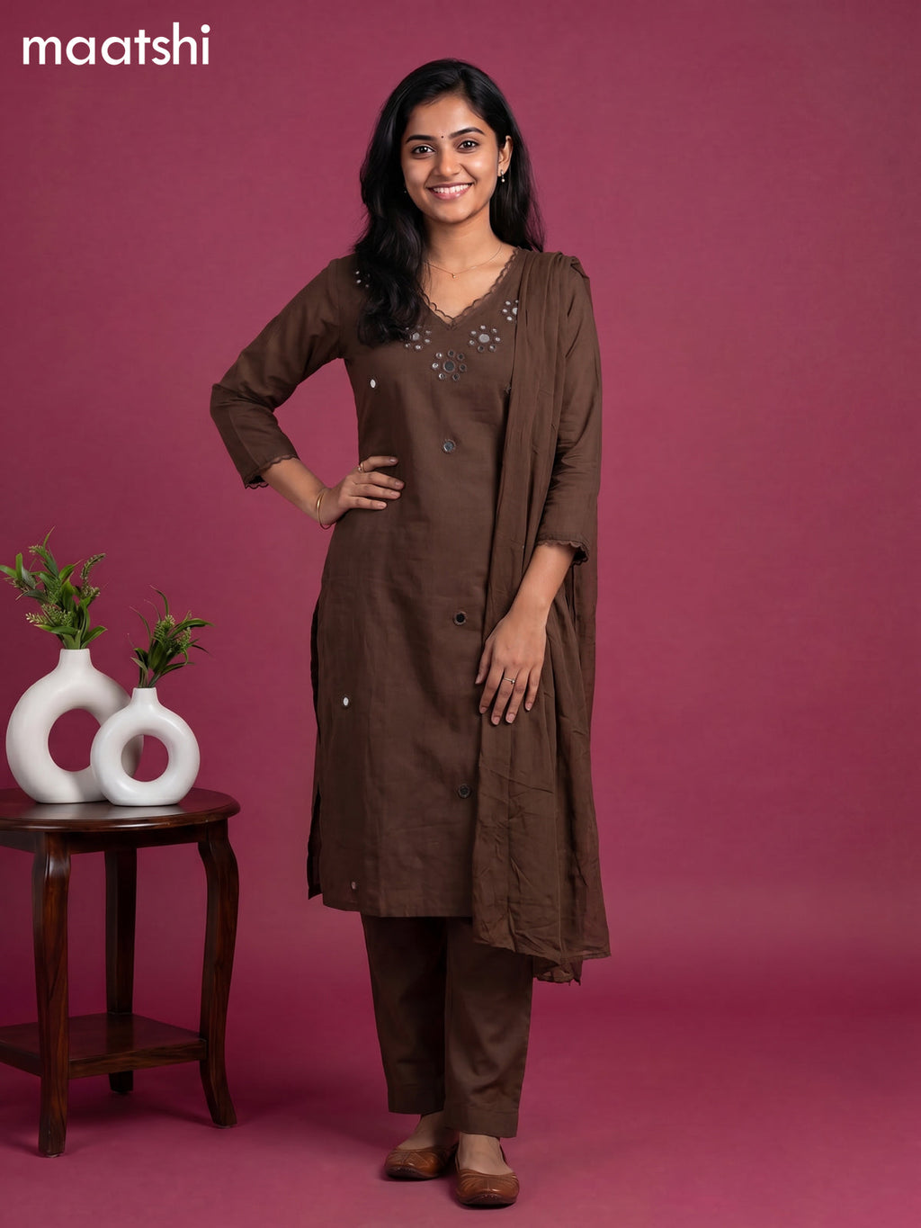 Deep Coffee Brown Cotton Mirror Work Neck Pattern Straight Suit