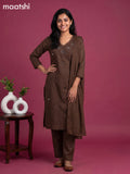 Deep Coffee Brown Cotton Mirror Work Neck Pattern Straight Suit