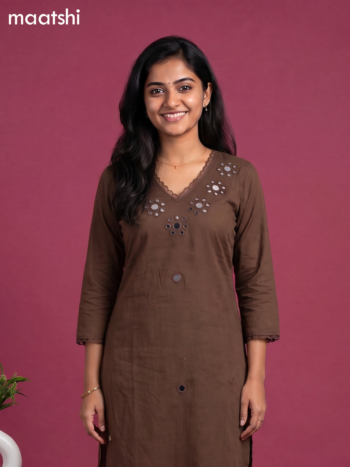Deep Coffee Brown Cotton Mirror Work Neck Pattern Straight Suit