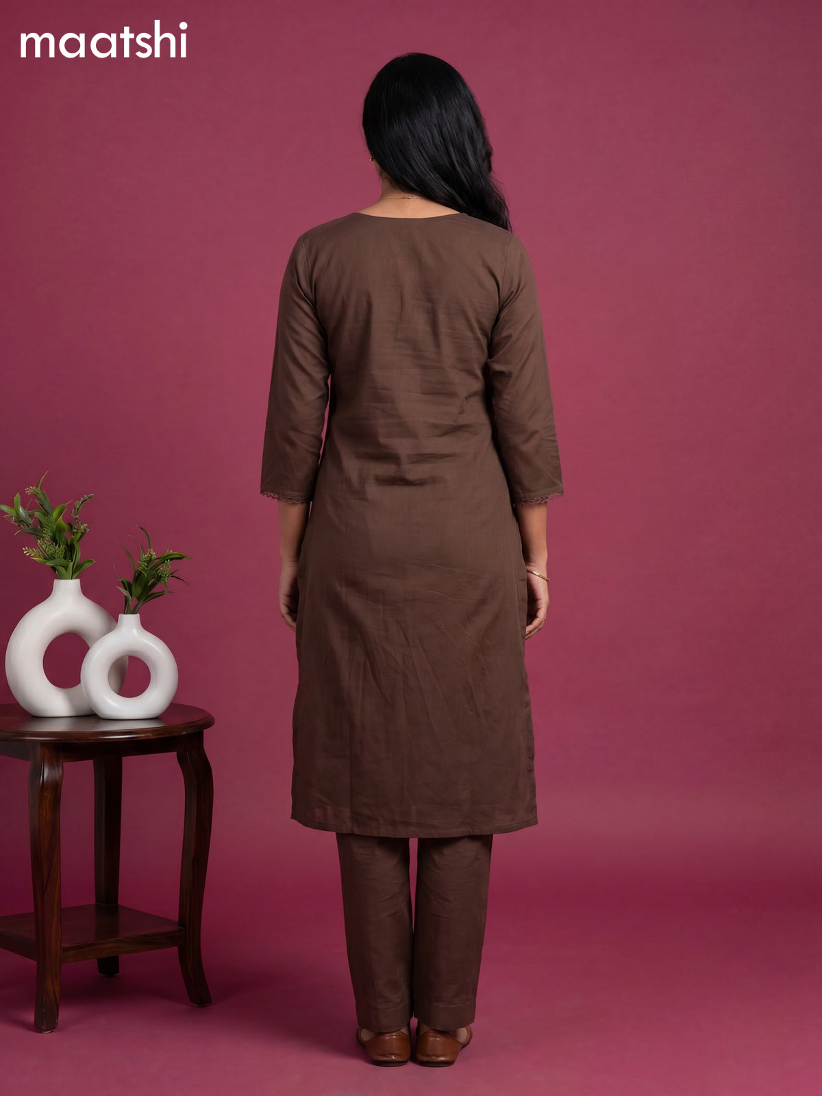 Deep Coffee Brown Cotton Mirror Work Neck Pattern Straight Suit