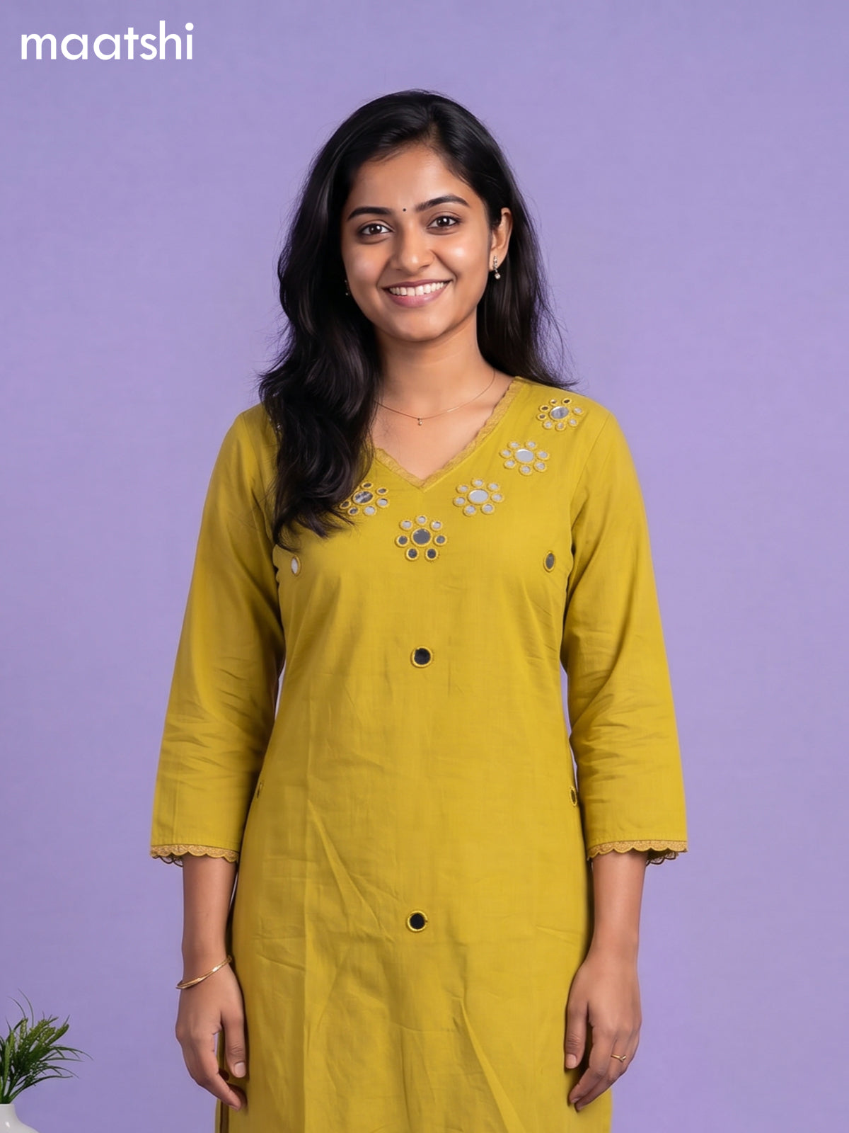 Mustard Yellow Cotton Mirror Work Neck Pattern Straight Suit