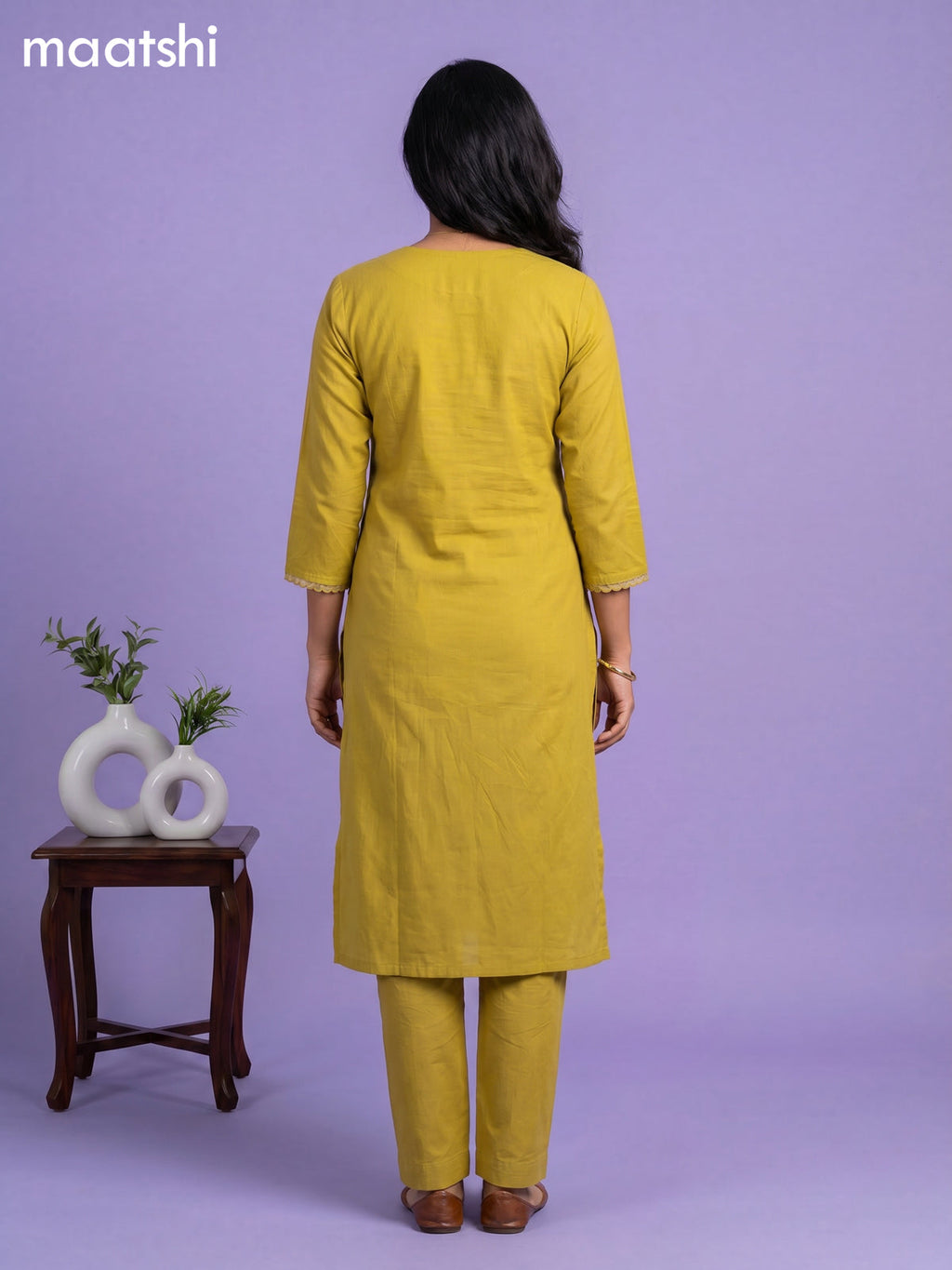 Mustard Yellow Cotton Mirror Work Neck Pattern Straight Suit