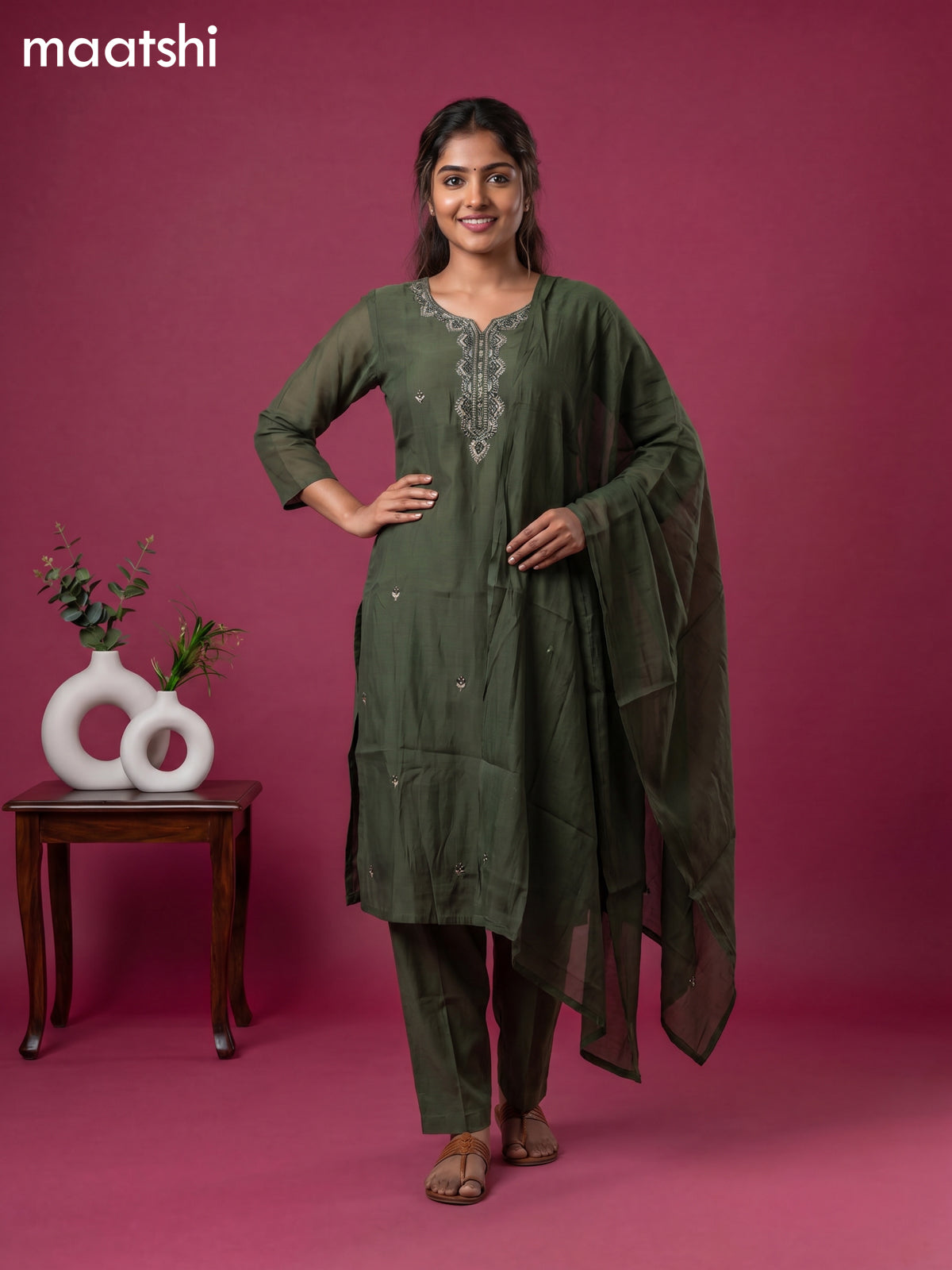 Sap Green Cotton Sequin Work Straight Suit
