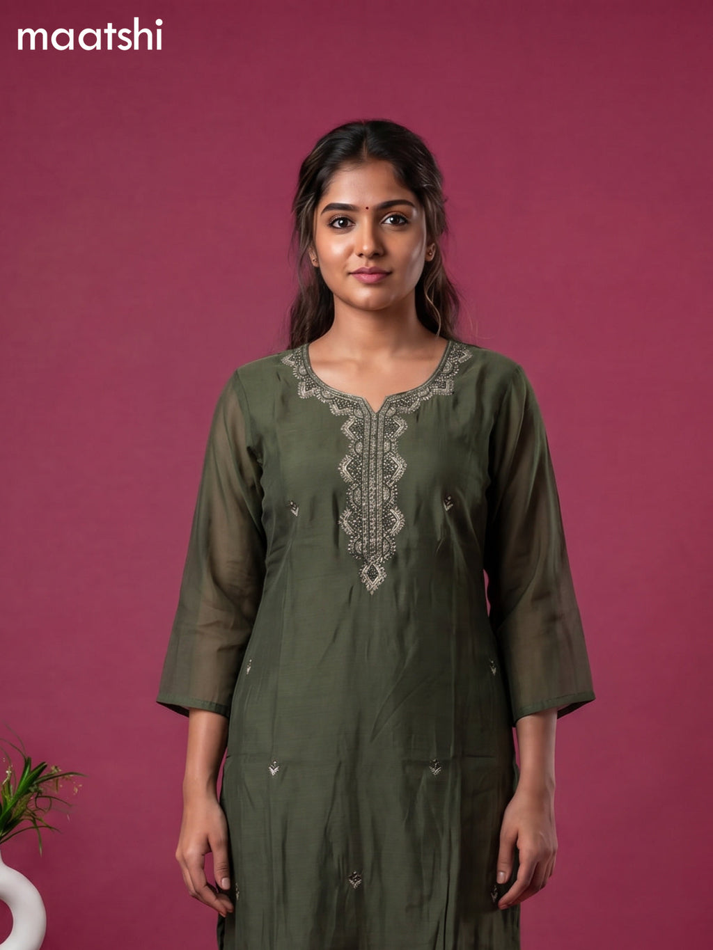 Sap Green Cotton Sequin Work Straight Suit