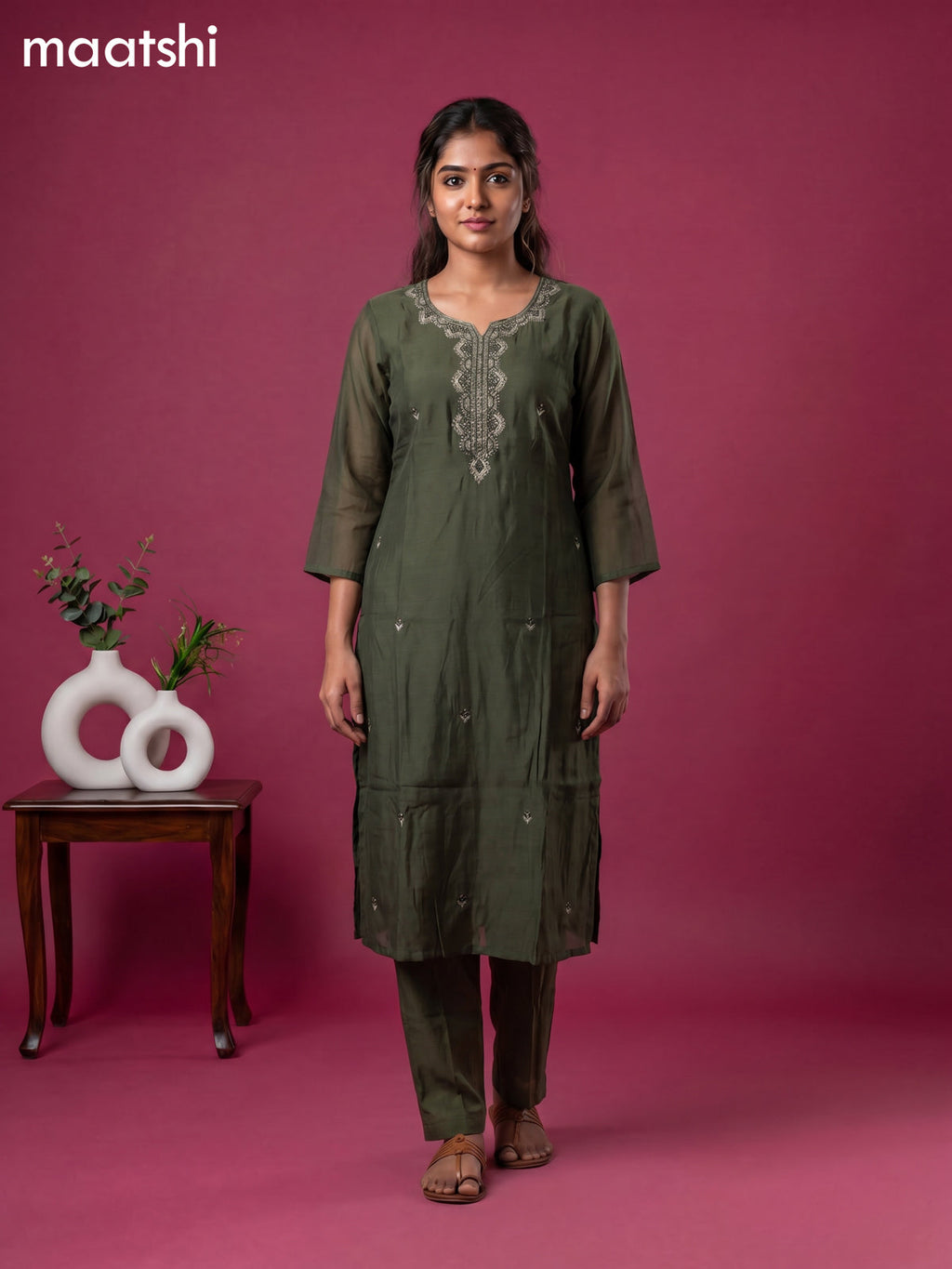 Sap Green Cotton Sequin Work Straight Suit