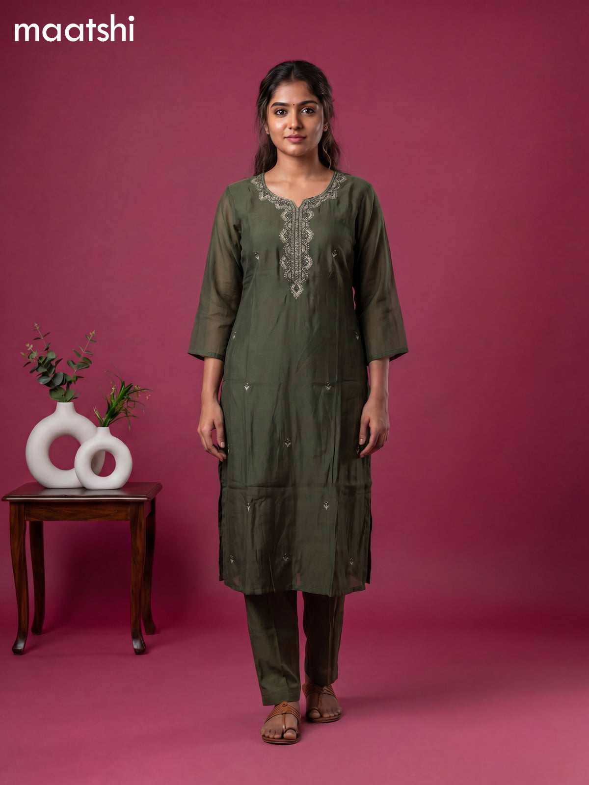 Sap Green Cotton Sequin Work Straight Suit