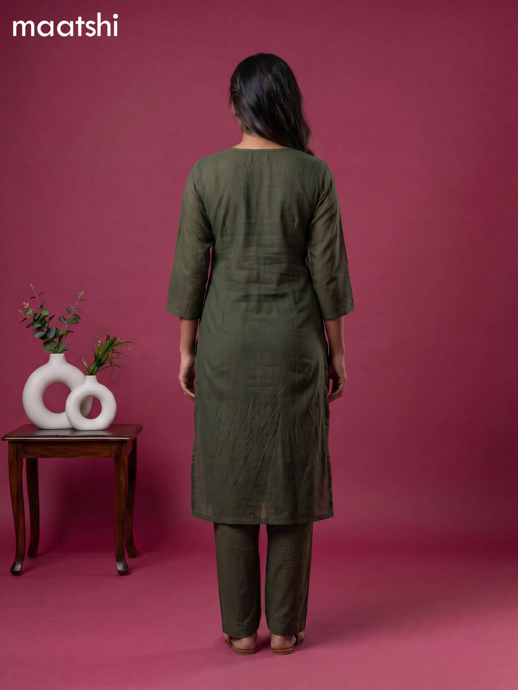 Sap Green Cotton Sequin Work Straight Suit