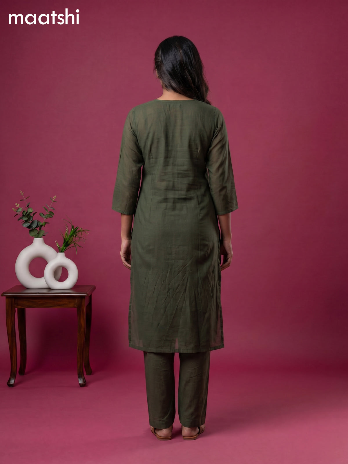 Sap Green Cotton Sequin Work Straight Suit