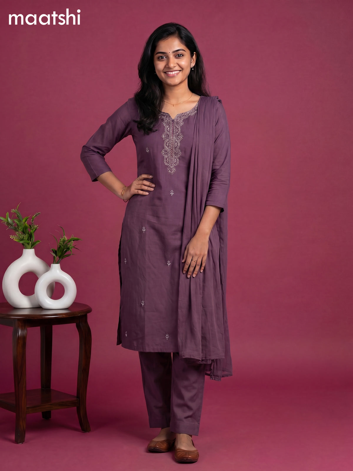 Purple Cotton Sequin Work Straight Suit