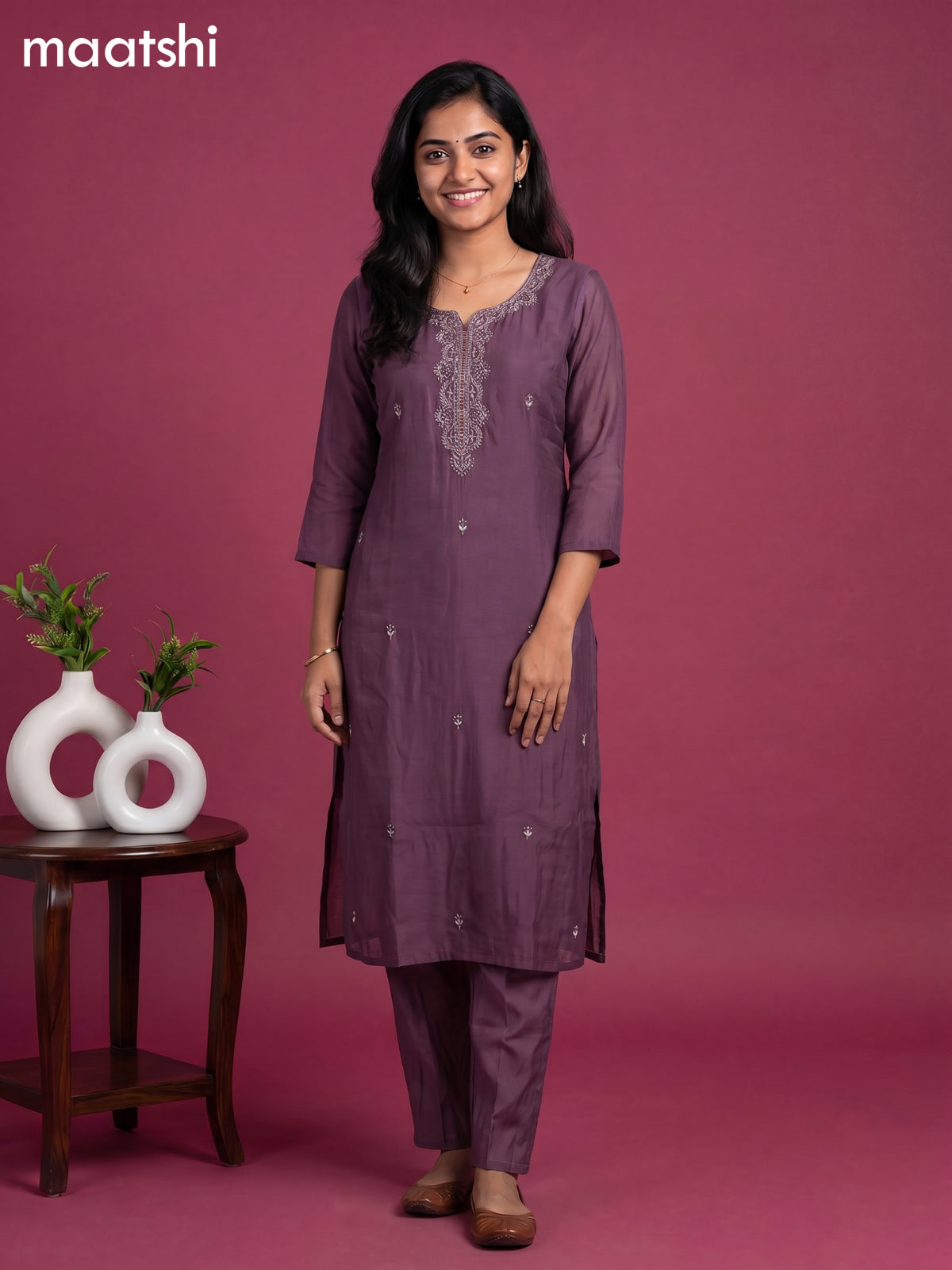 Purple Cotton Sequin Work Straight Suit