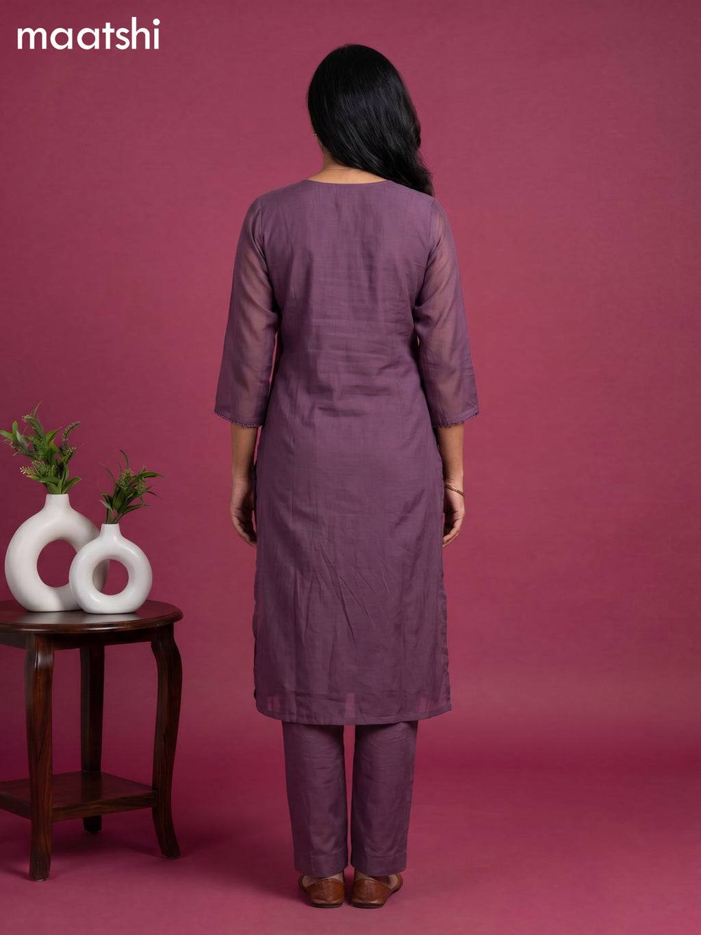 Purple Cotton Sequin Work Straight Suit