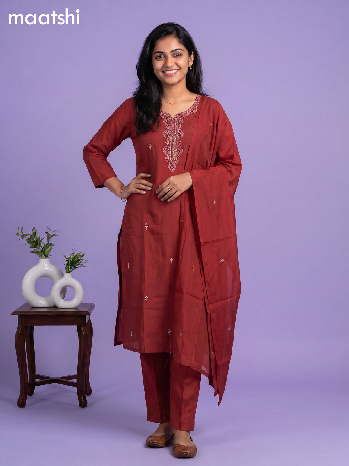Maroon Cotton Sequin Work Straight Suit