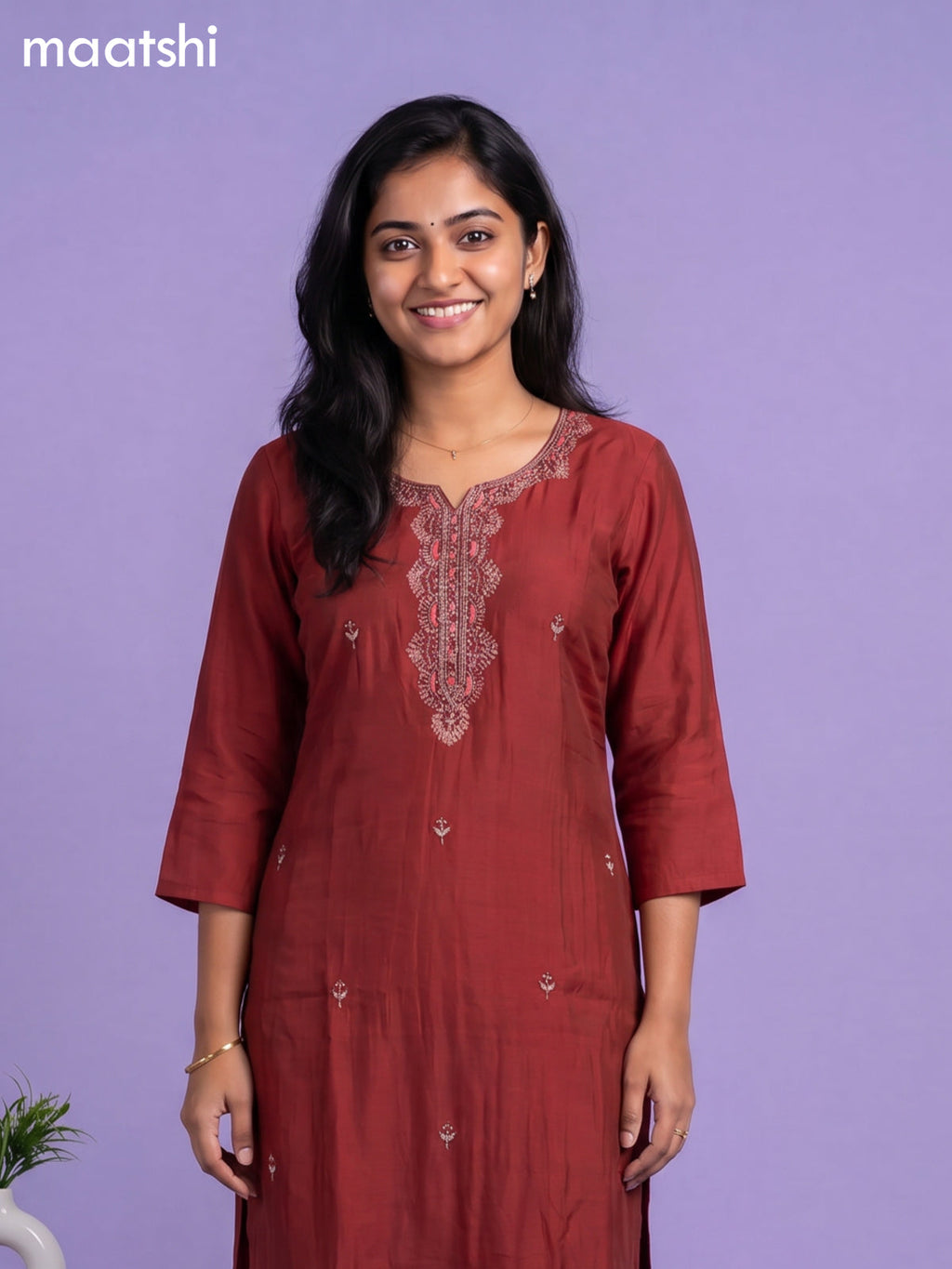 Maroon Cotton Sequin Work Straight Suit