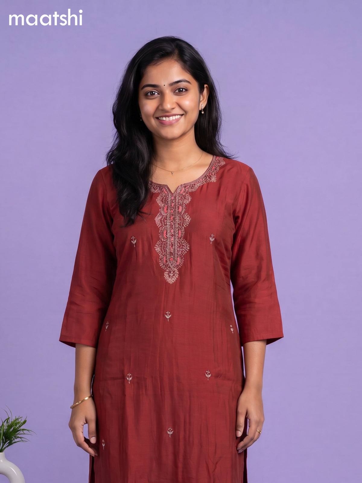 Maroon Cotton Sequin Work Straight Suit