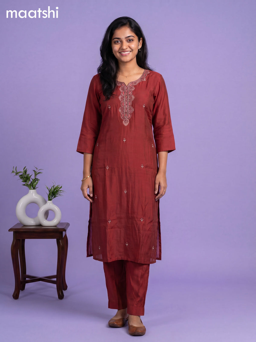Maroon Cotton Sequin Work Straight Suit