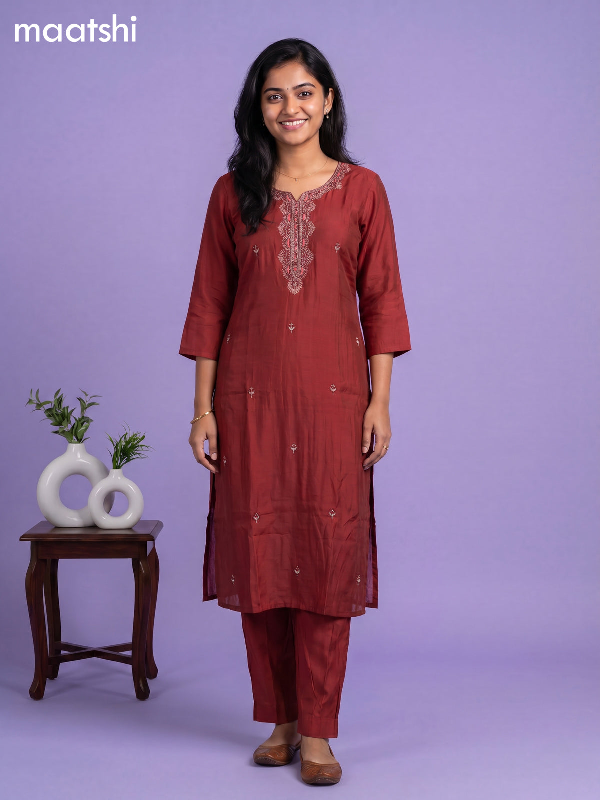 Maroon Cotton Sequin Work Straight Suit