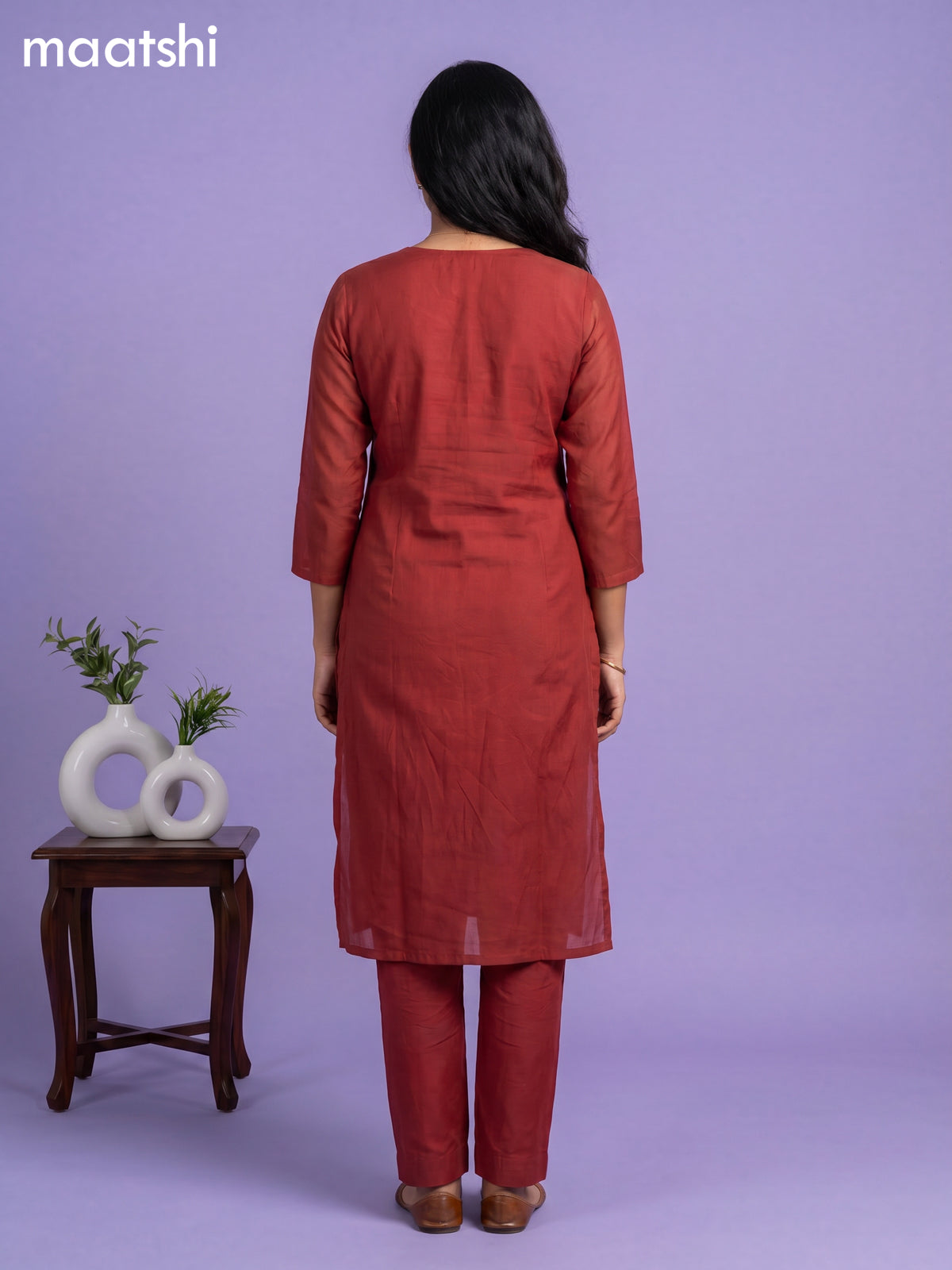 Maroon Cotton Sequin Work Straight Suit