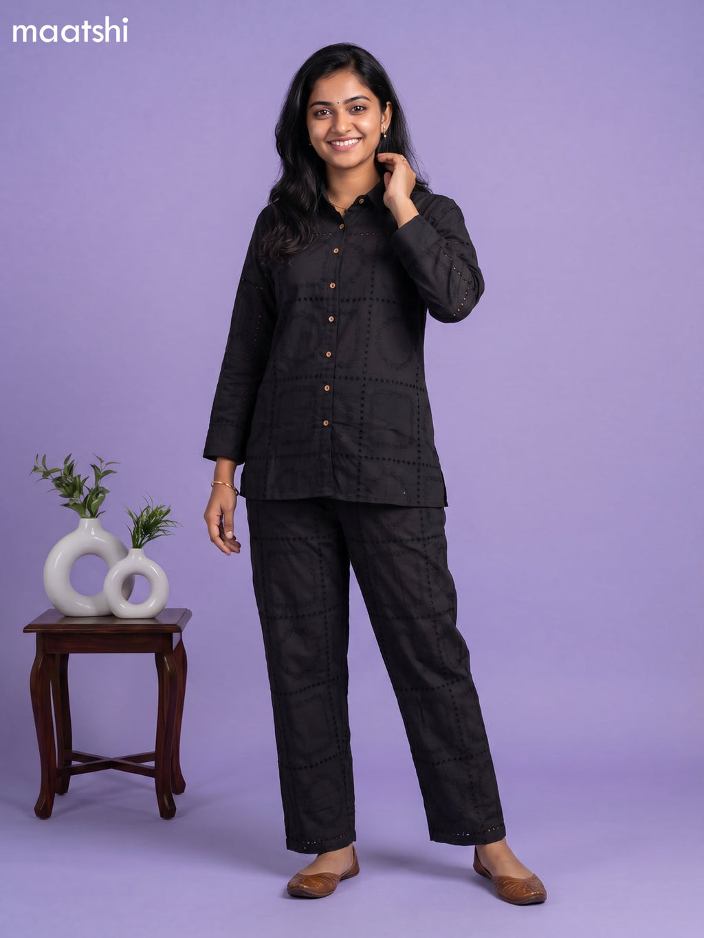 Black Cotton Hakoba Work Short Co-Ord Set