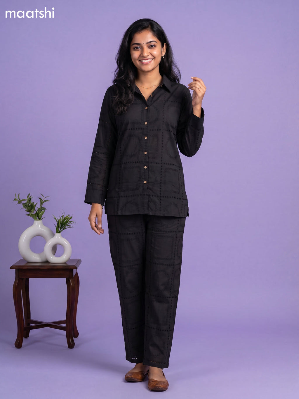 Black Cotton Hakoba Work Short Co-Ord Set