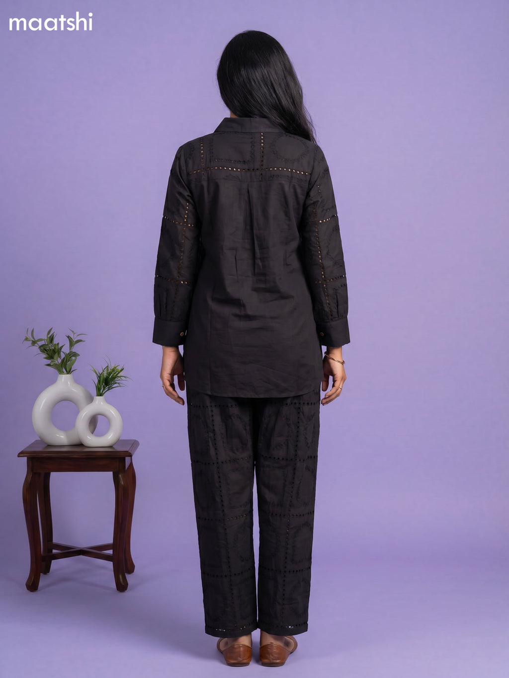 Black Cotton Hakoba Work Short Co-Ord Set