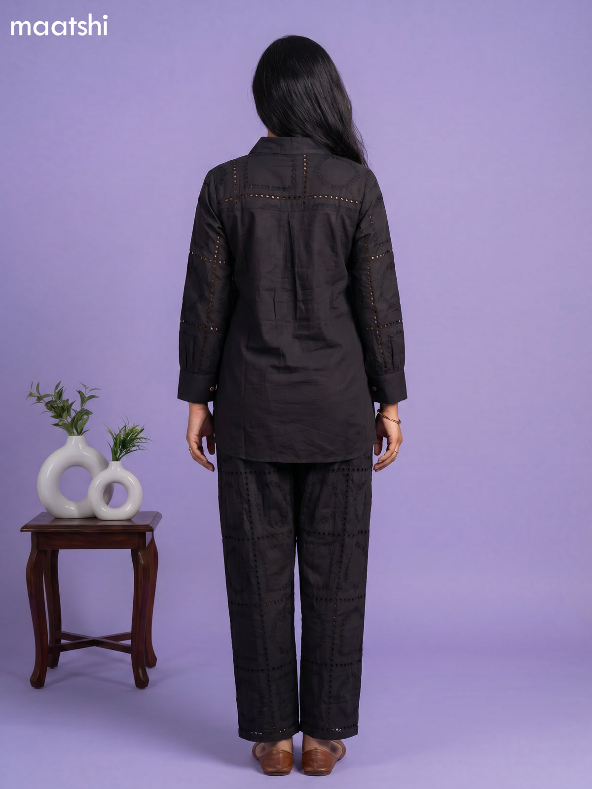 Black Cotton Hakoba Work Short Co-Ord Set