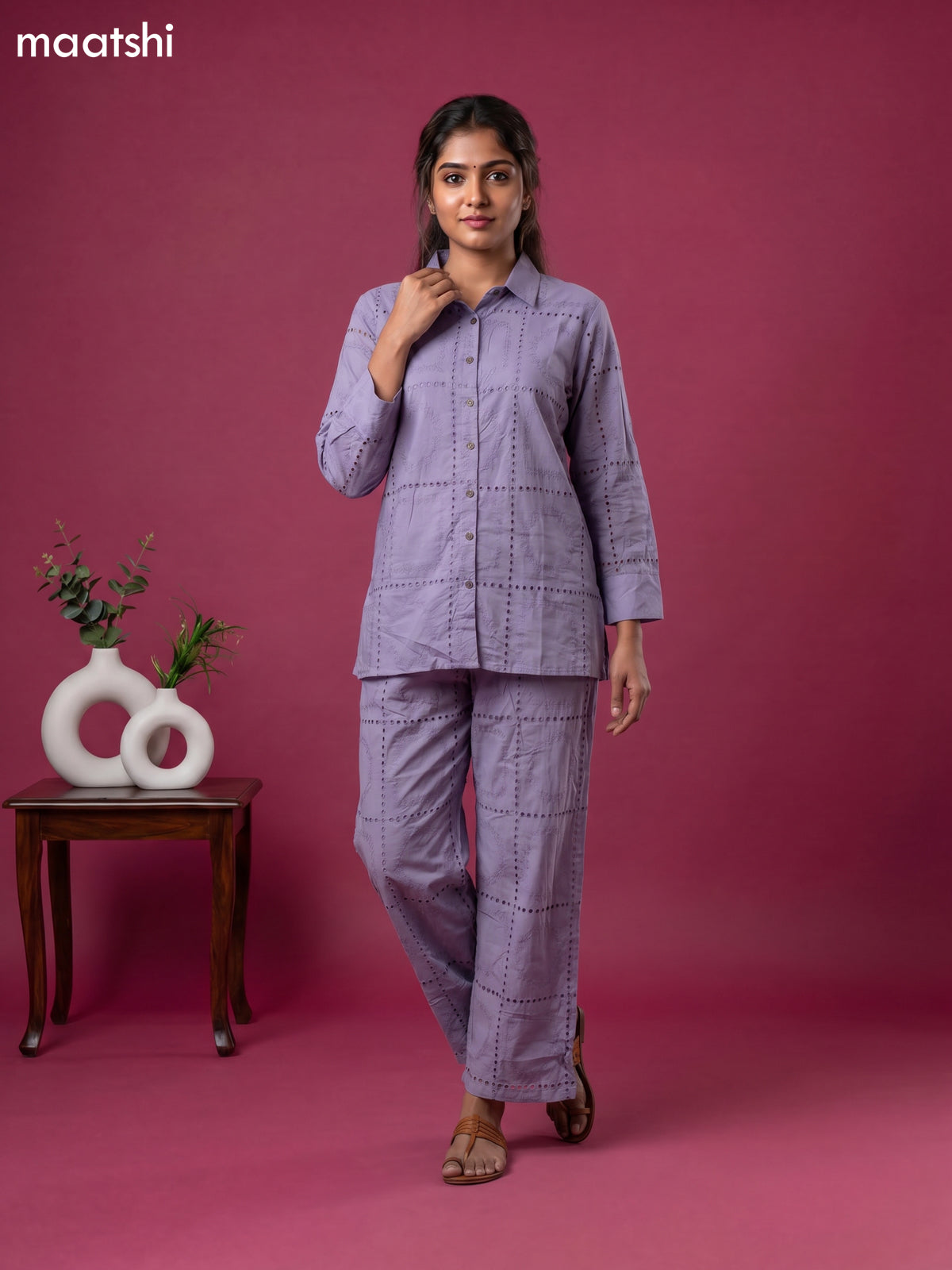 Greyish Blue Cotton Hakoba Work Short Co-Ord Set