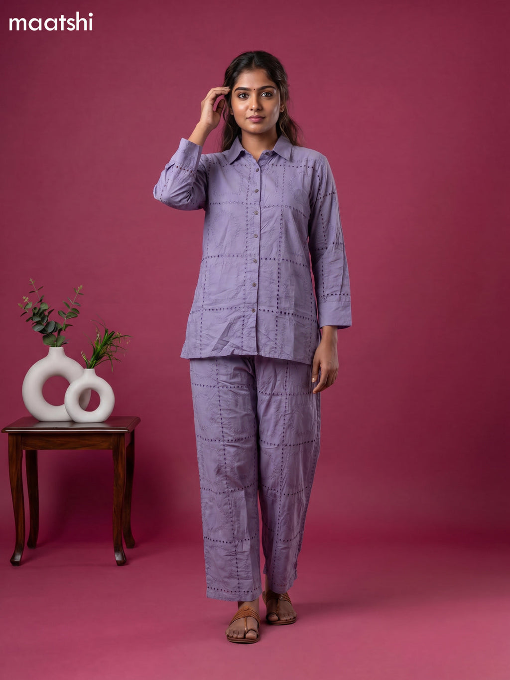 Greyish Blue Cotton Hakoba Work Short Co-Ord Set