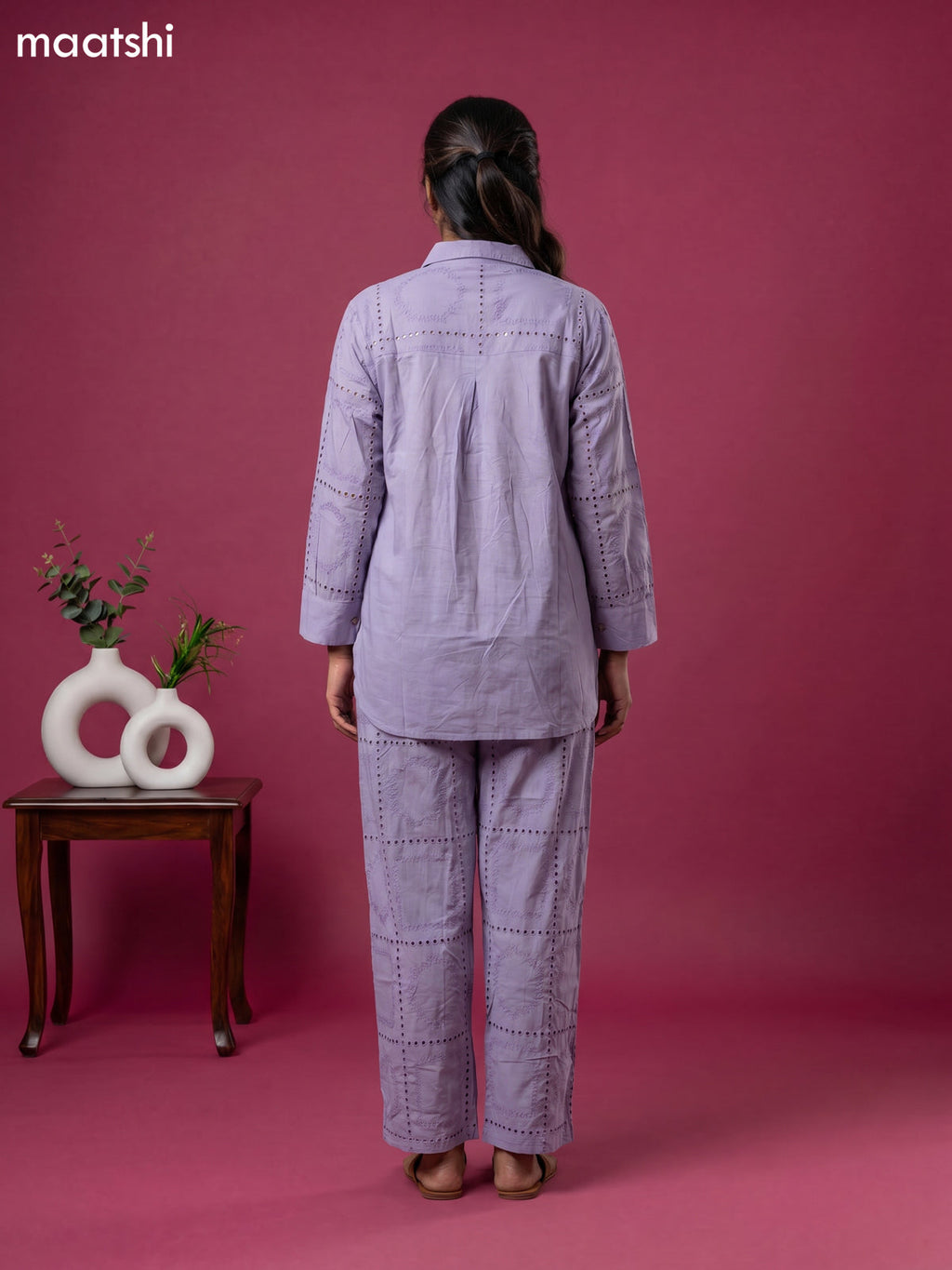 Greyish Blue Cotton Hakoba Work Short Co-Ord Set
