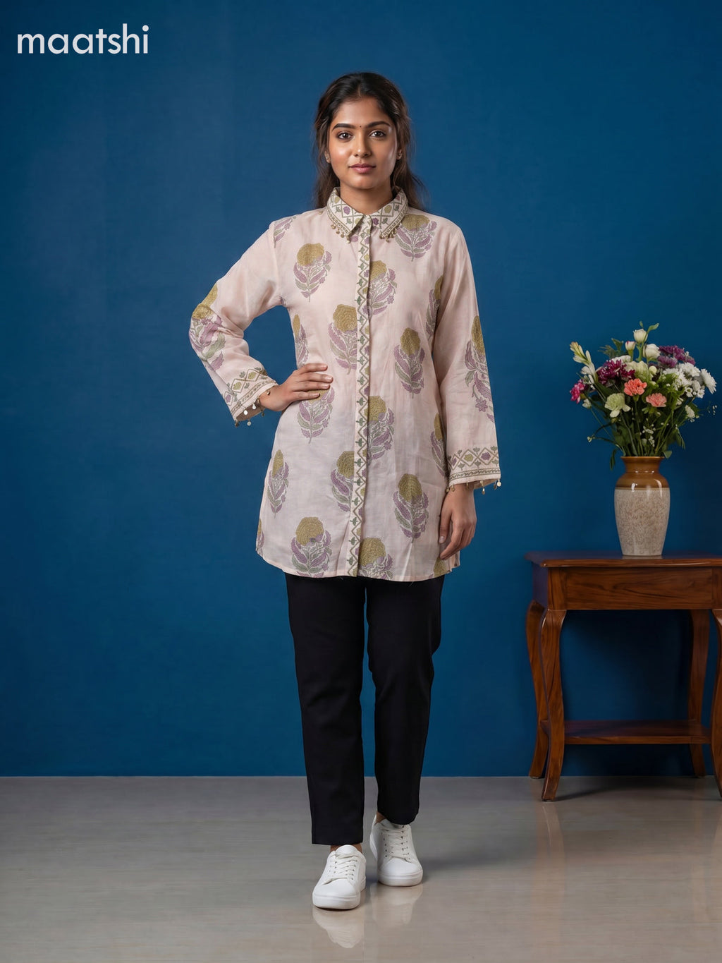 Mild Peach and Mehendi Green Mul Chanderi Floral Printed & With Slip Women Shirt