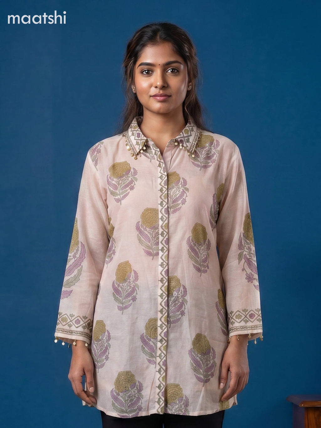 Mild Peach and Mehendi Green Mul Chanderi Floral Printed & With Slip Women Shirt