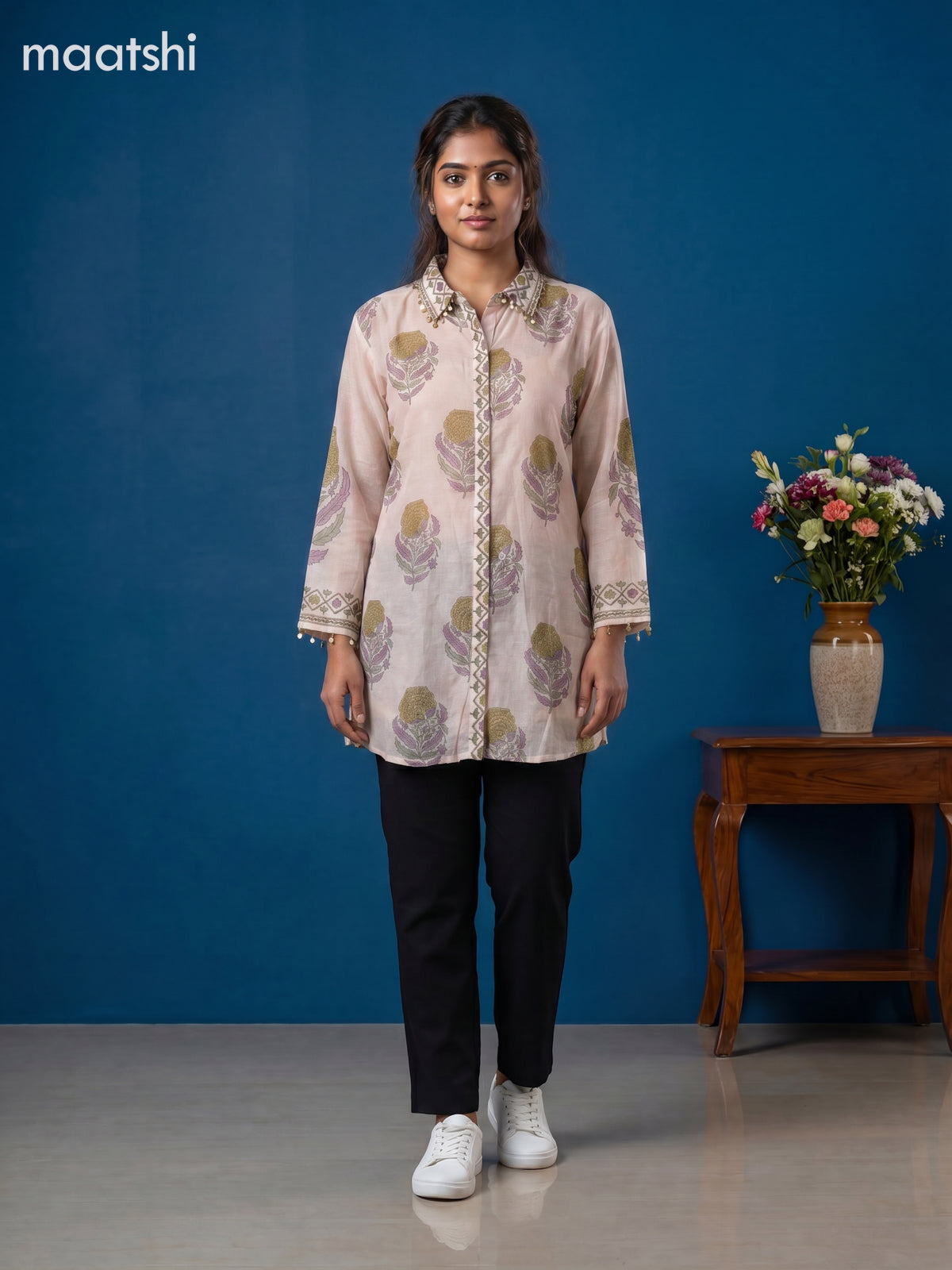 Mild Peach and Mehendi Green Mul Chanderi Floral Printed & With Slip Women Shirt