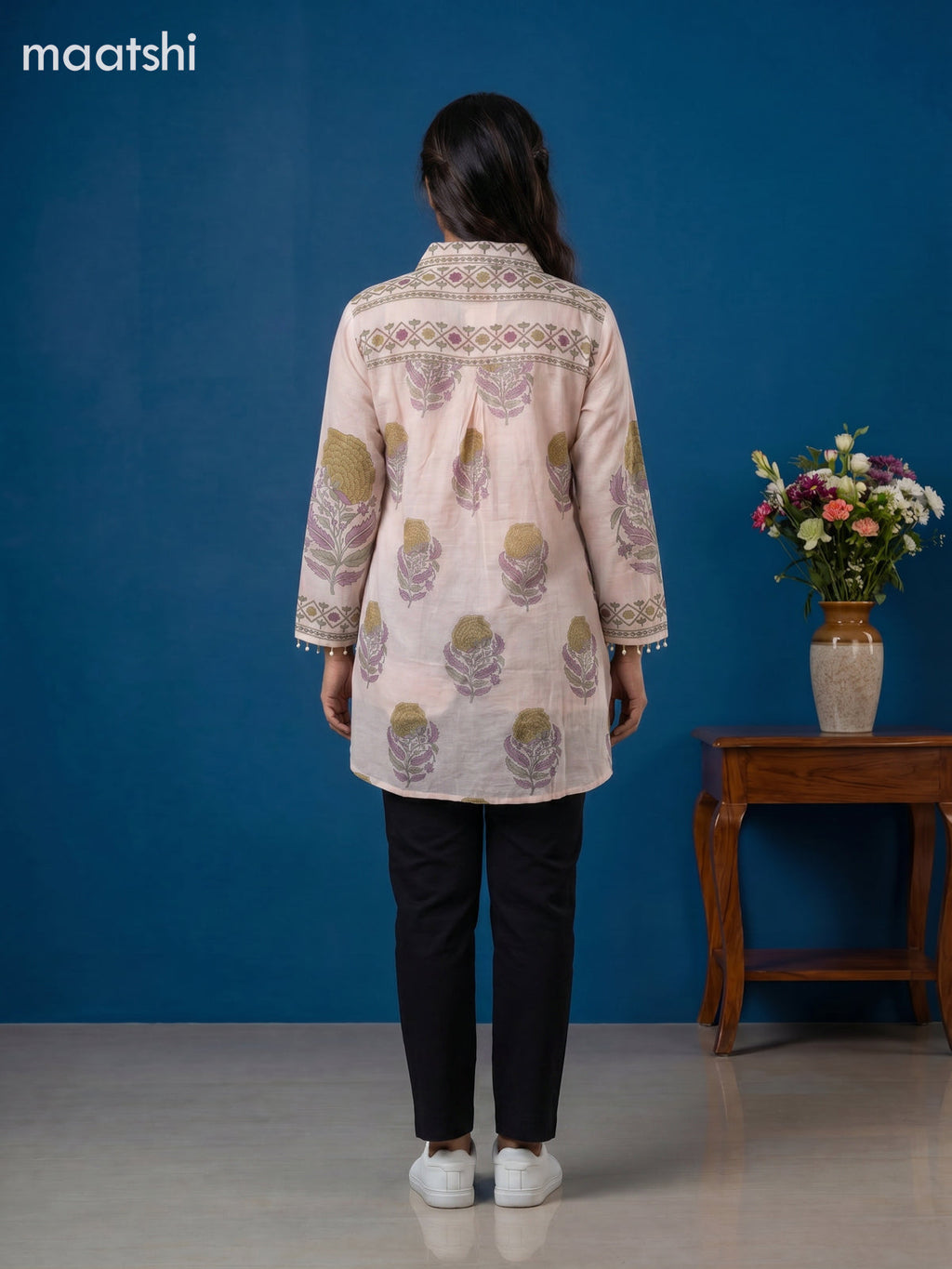 Mild Peach and Mehendi Green Mul Chanderi Floral Printed & With Slip Women Shirt