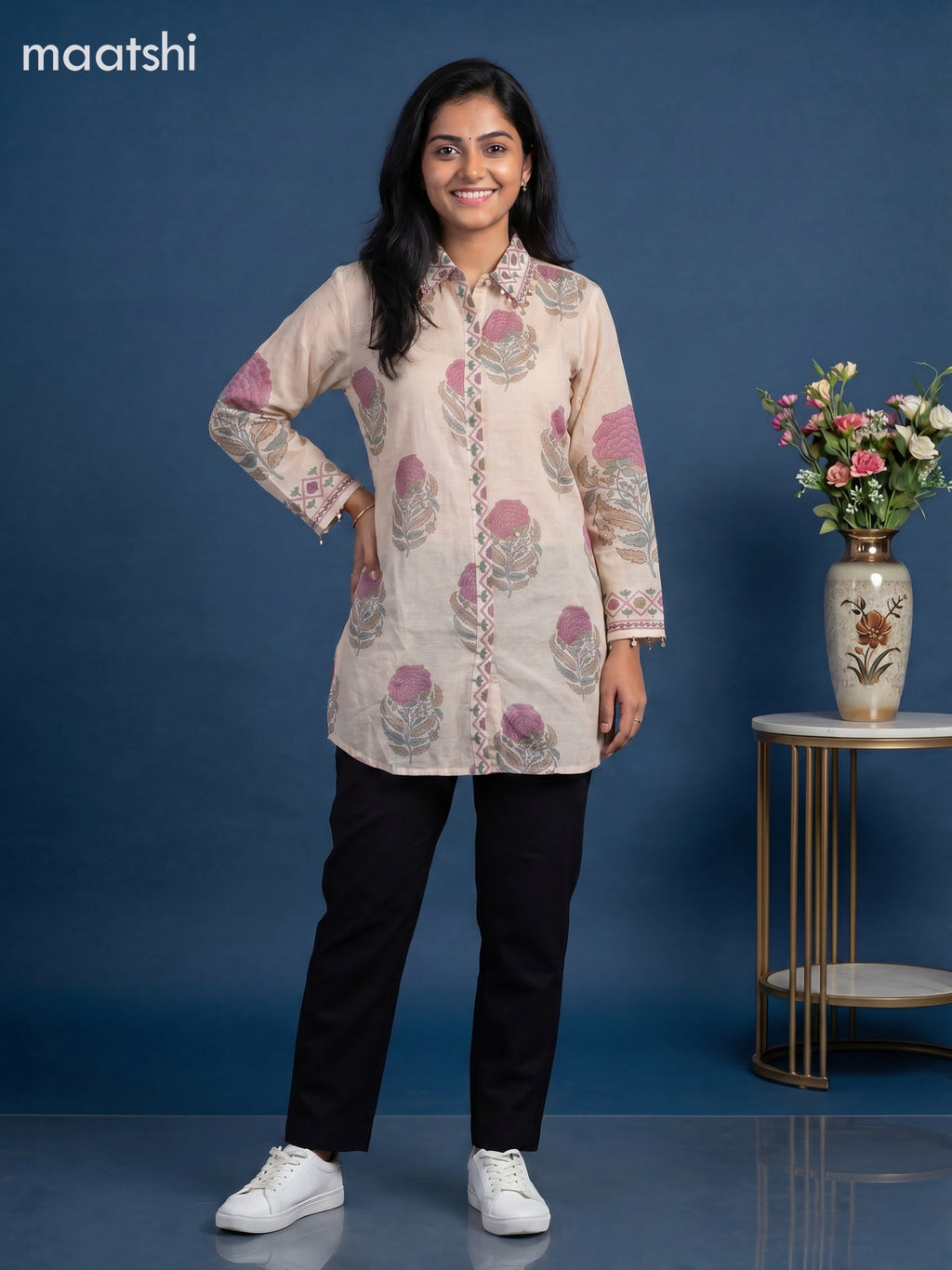 Mild Peach and Mauve Pink Mul Chanderi Floral Printed & With Slip Women Shirt